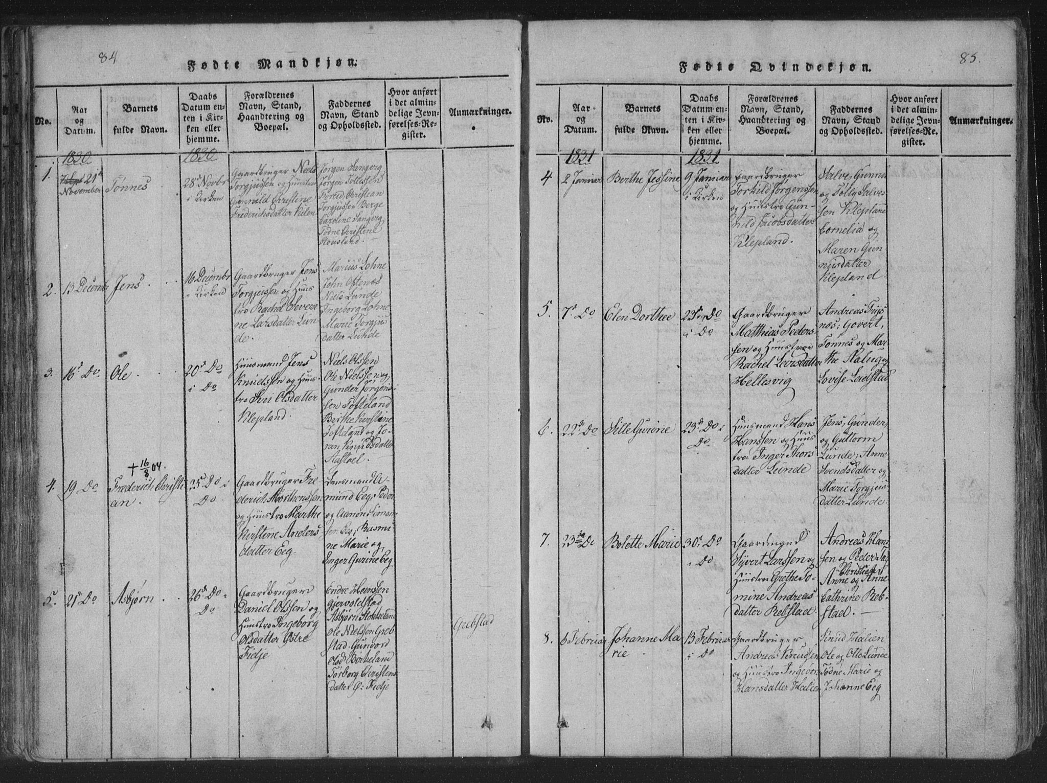 Søgne sokneprestkontor, SAK/1111-0037/F/Fa/Fab/L0008: Parish register (official) no. A 8, 1821-1838, p. 84-85