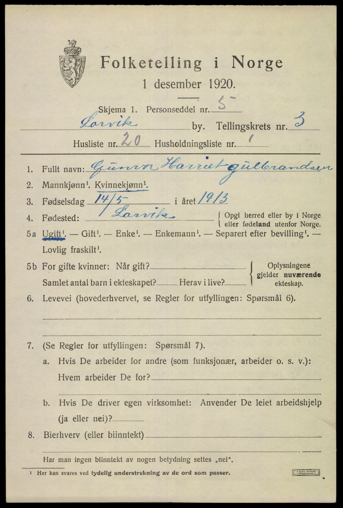 SAKO, 1920 census for Larvik, 1920, p. 12574