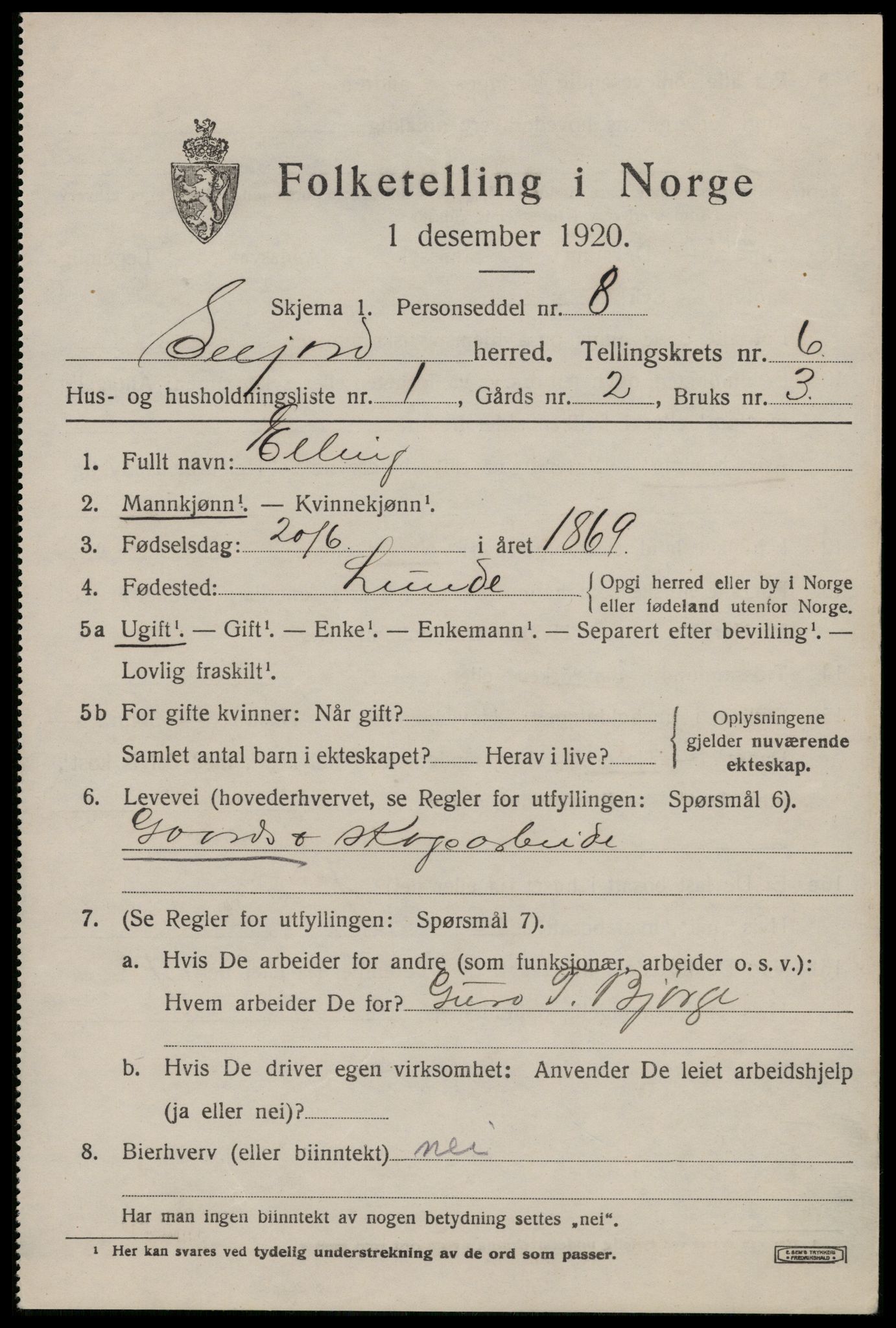 SAKO, 1920 census for Seljord, 1920, p. 2772