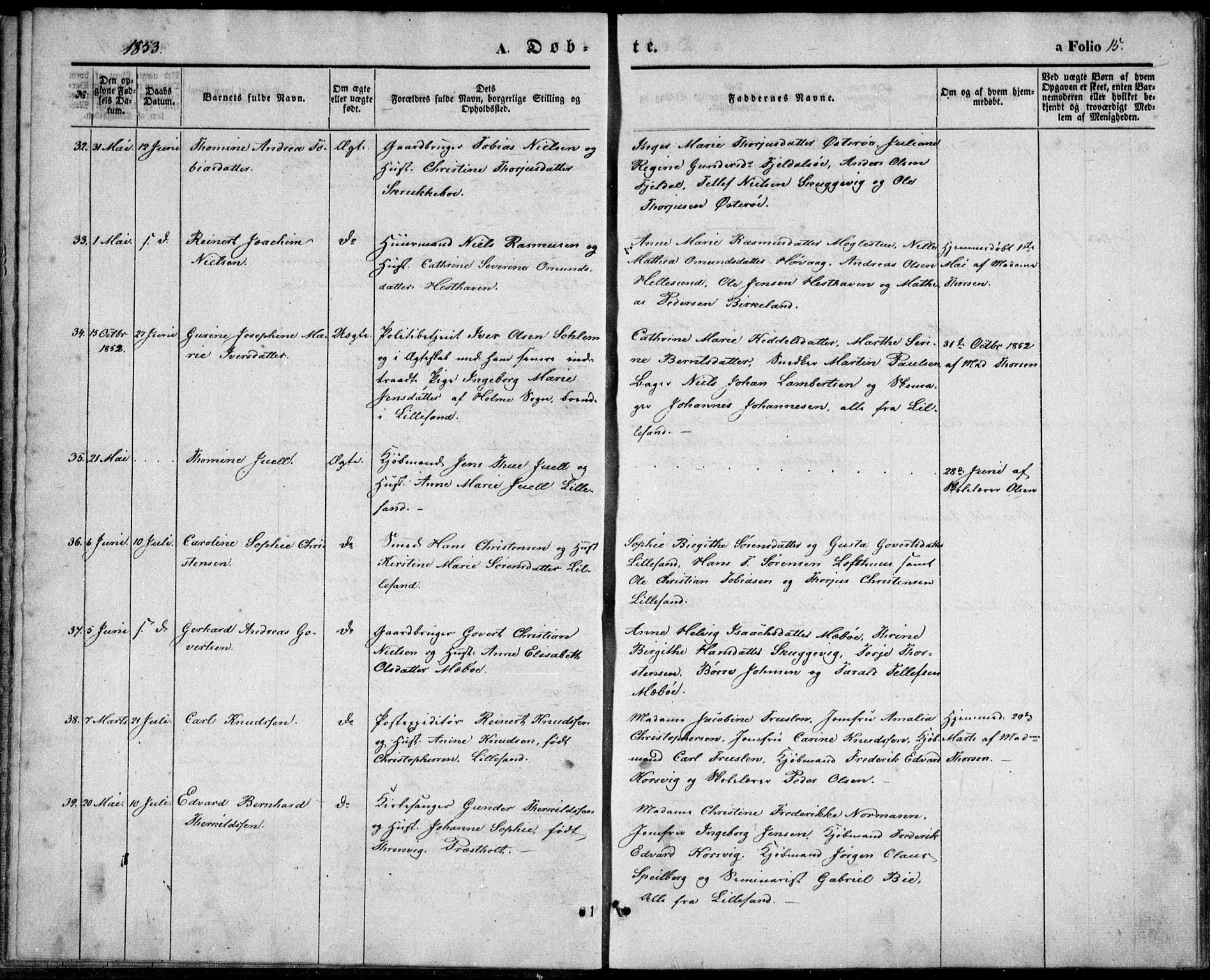 Vestre Moland sokneprestkontor, SAK/1111-0046/F/Fb/Fbb/L0003: Parish register (copy) no. B 3, 1851-1861, p. 15