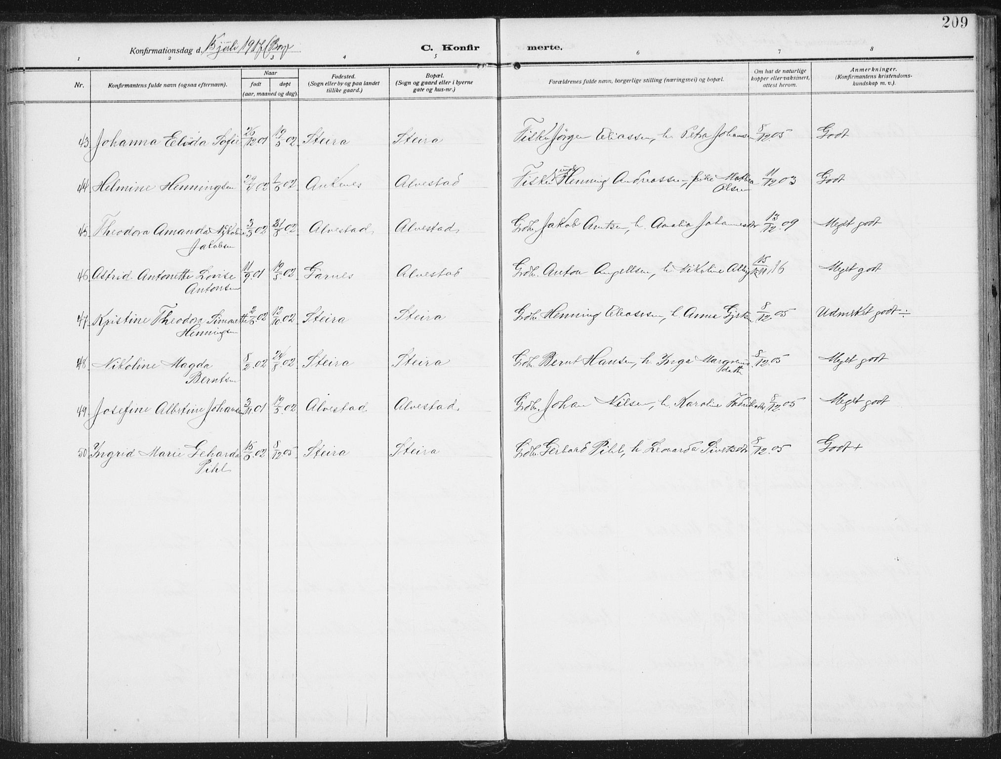 Ministerialprotokoller, klokkerbøker og fødselsregistre - Nordland, AV/SAT-A-1459/880/L1135: Parish register (official) no. 880A09, 1908-1919, p. 209