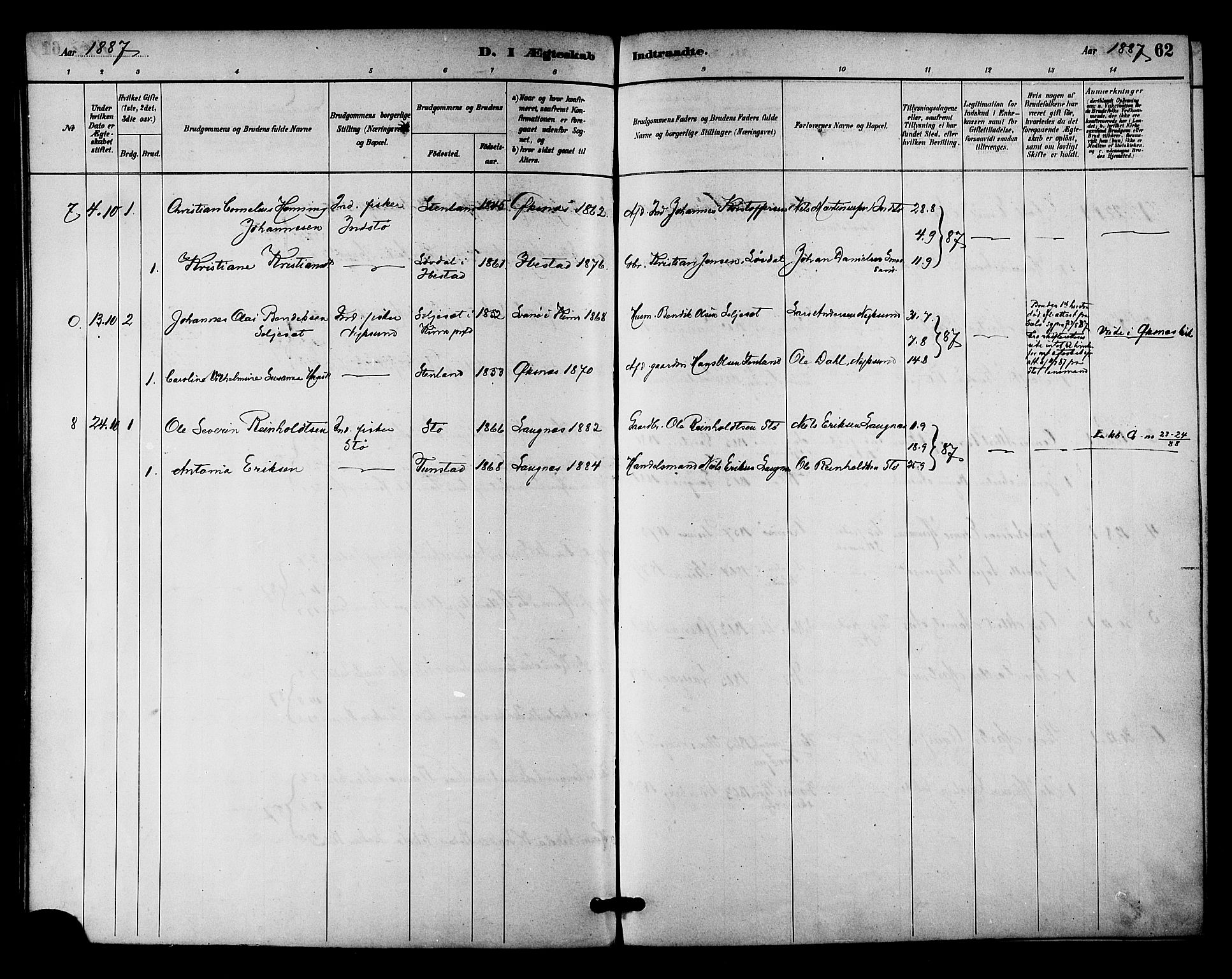 Ministerialprotokoller, klokkerbøker og fødselsregistre - Nordland, SAT/A-1459/894/L1355: Parish register (official) no. 894A01, 1885-1896, p. 62