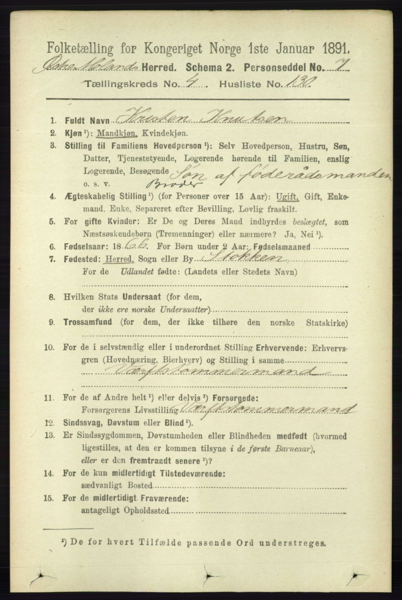 RA, 1891 census for 0918 Austre Moland, 1891, p. 2763