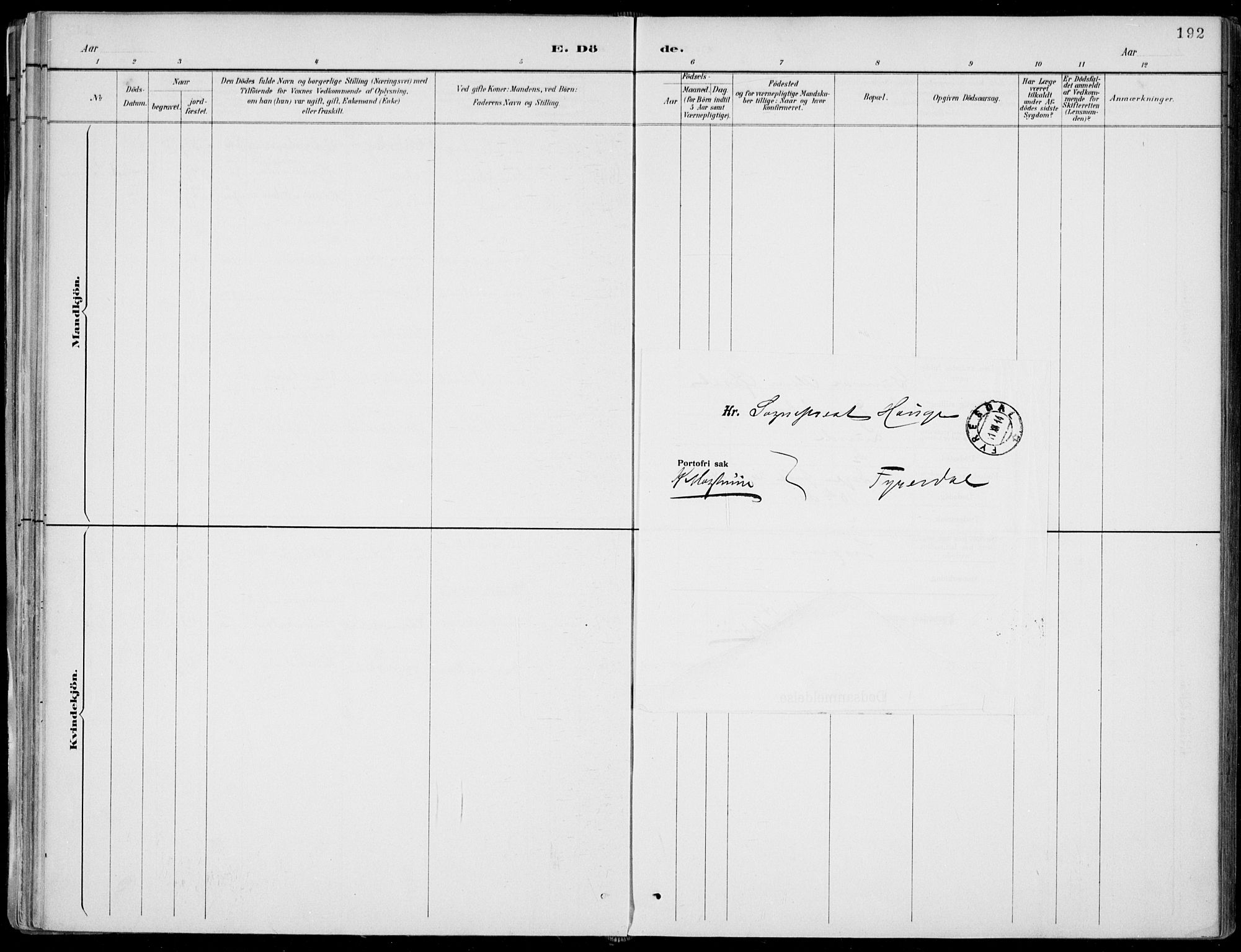 Fyresdal kirkebøker, AV/SAKO-A-263/F/Fa/L0007: Parish register (official) no. I 7, 1887-1914, p. 192