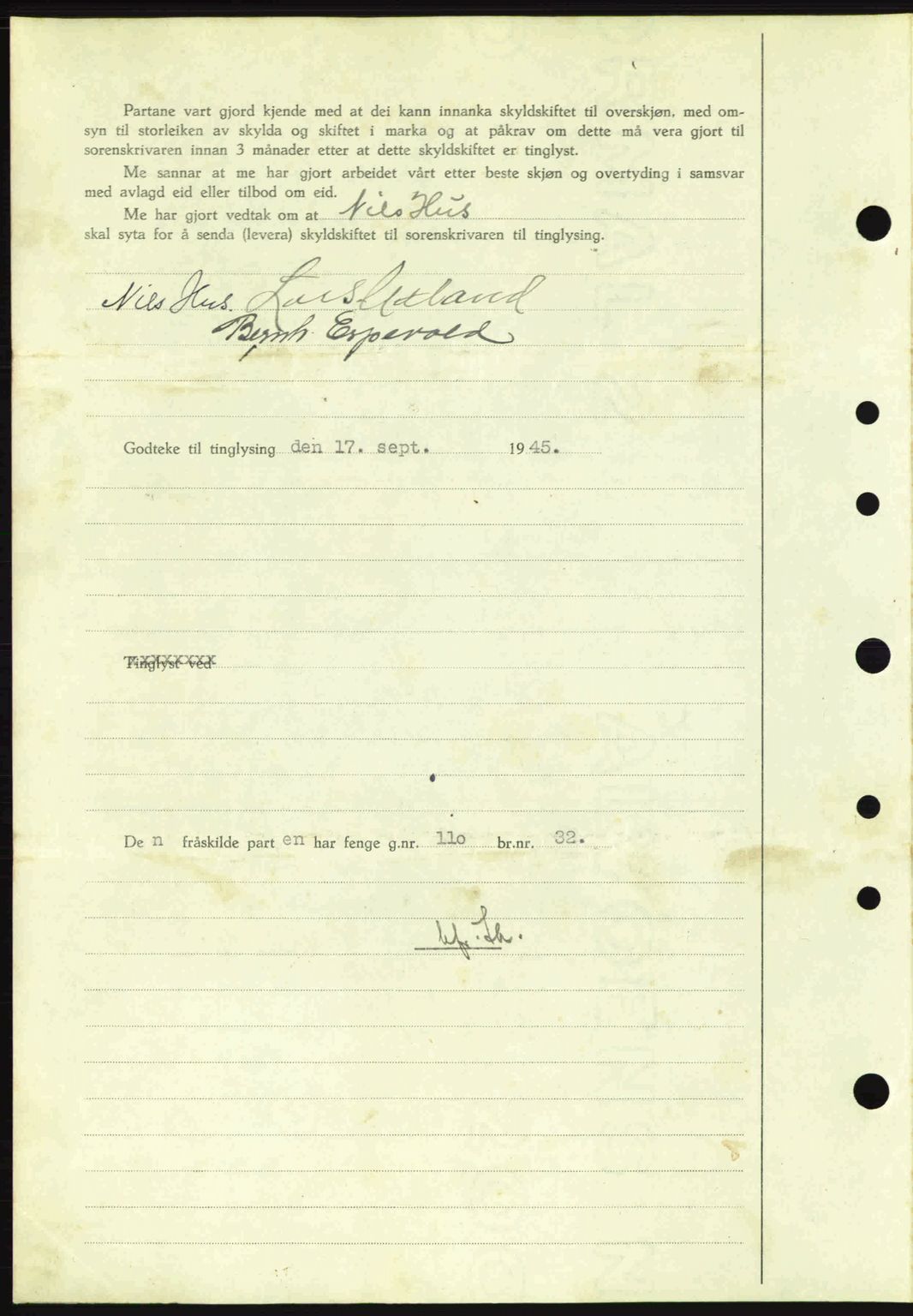 Sunnhordland sorenskrivar, AV/SAB-A-2401: Mortgage book no. A77, 1945-1945, Diary no: : 1092/1945