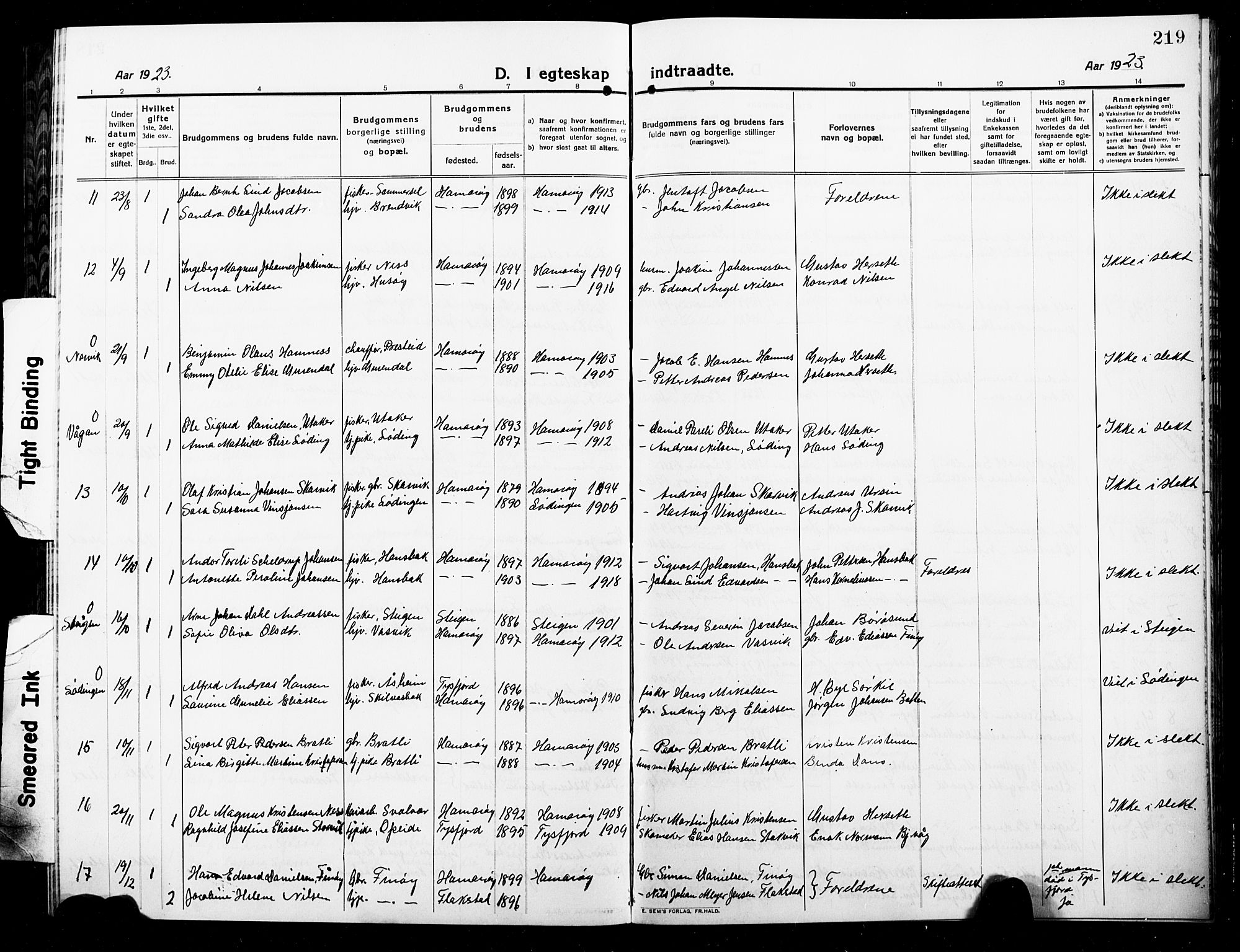 Ministerialprotokoller, klokkerbøker og fødselsregistre - Nordland, AV/SAT-A-1459/859/L0861: Parish register (copy) no. 859C07, 1910-1925, p. 219