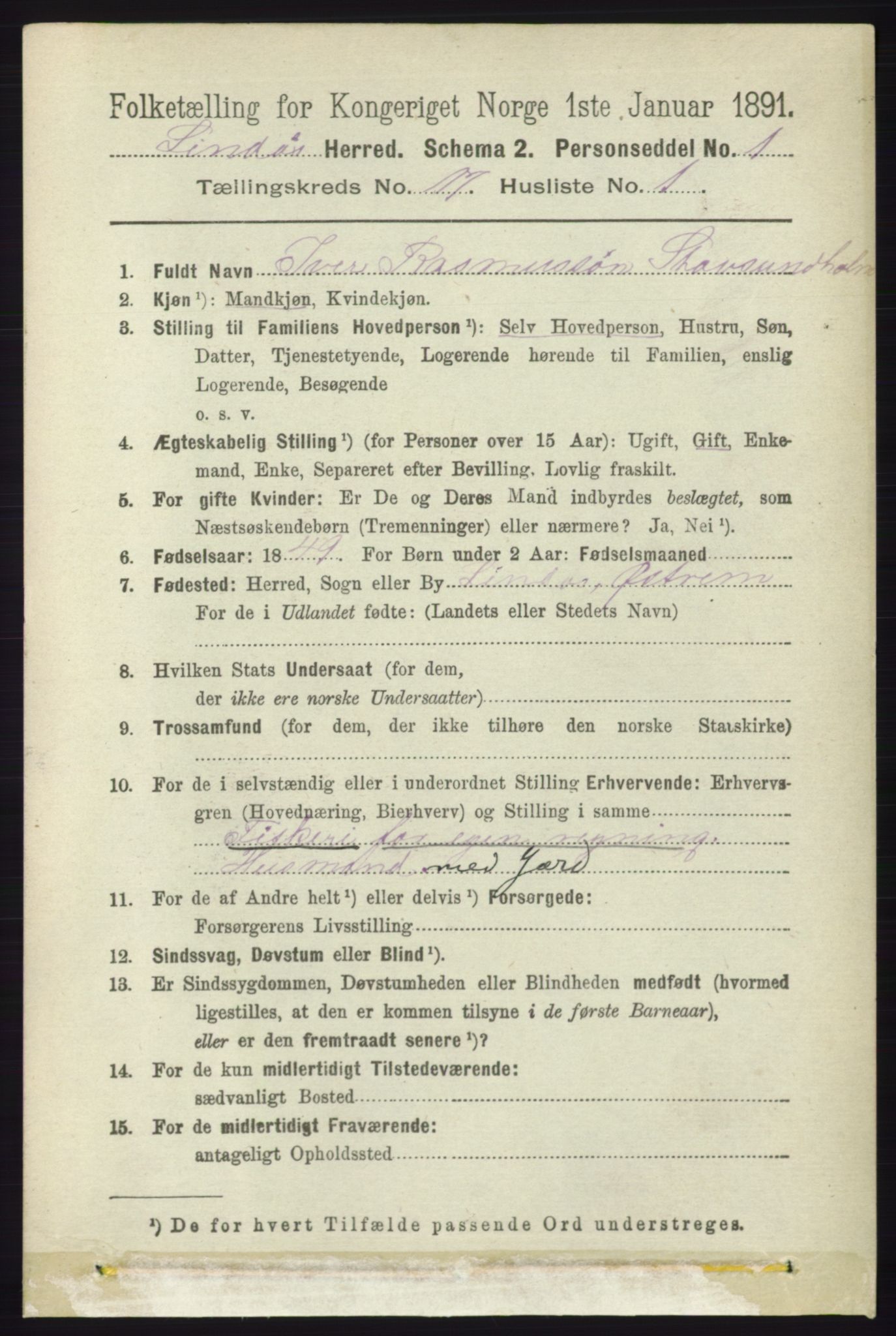 RA, 1891 census for 1263 Lindås, 1891, p. 6132