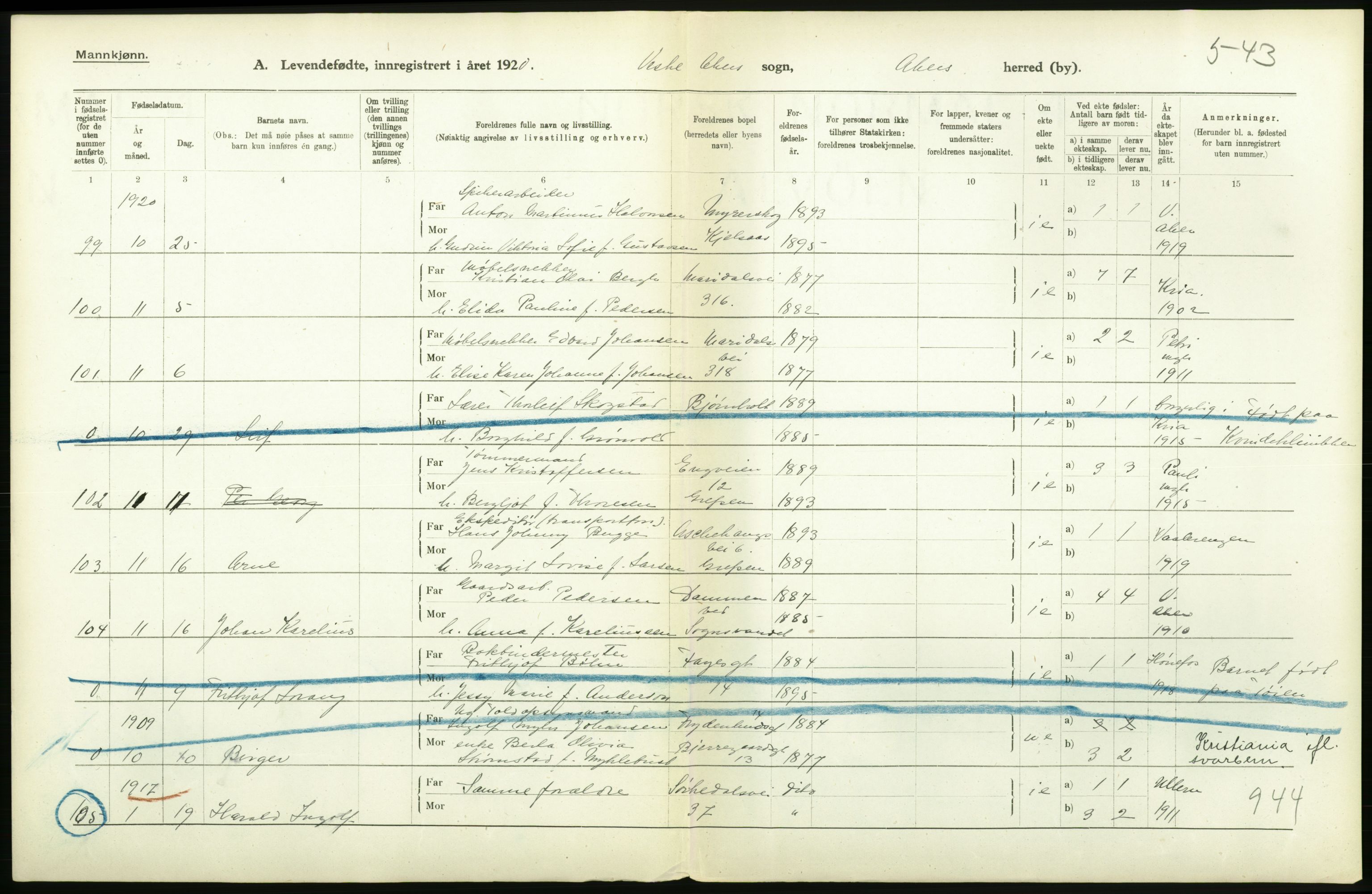 Statistisk sentralbyrå, Sosiodemografiske emner, Befolkning, RA/S-2228/D/Df/Dfb/Dfbj/L0004: Akershus fylke: Levendefødte menn og kvinner. Bygder., 1920, p. 172