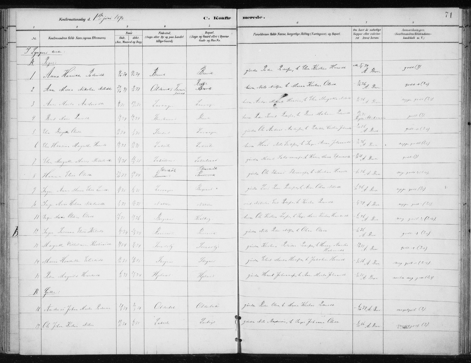 Lyngen sokneprestembete, SATØ/S-1289/H/He/Hea/L0010kirke: Parish register (official) no. 10, 1883-1904, p. 71