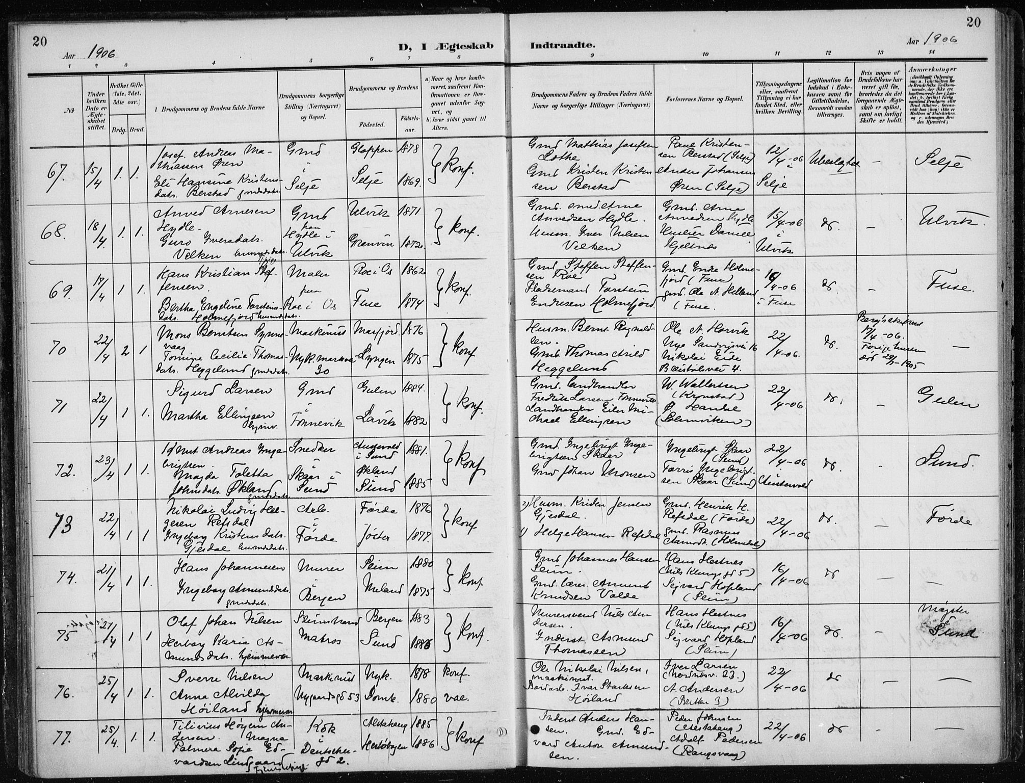Nykirken Sokneprestembete, AV/SAB-A-77101/H/Haa/L0035: Parish register (official) no. D 5, 1905-1913, p. 20