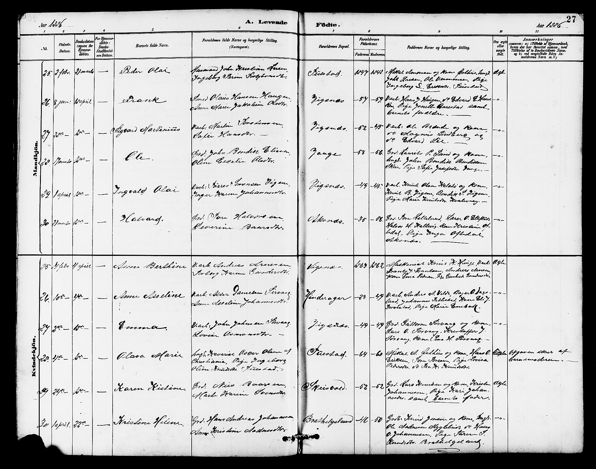 Avaldsnes sokneprestkontor, AV/SAST-A -101851/H/Ha/Hab/L0007: Parish register (copy) no. B 7, 1885-1909, p. 27