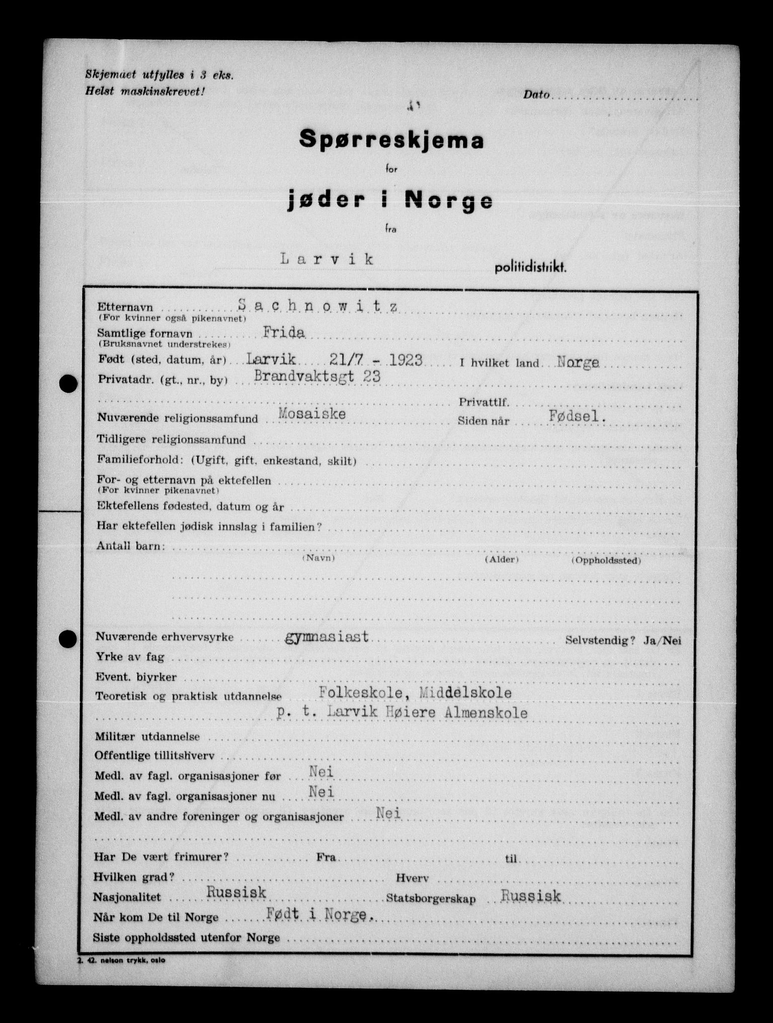 Statspolitiet - Hovedkontoret / Osloavdelingen, AV/RA-S-1329/G/Ga/L0012: Spørreskjema for jøder i Norge. 1: Aker 114- 207 (Levinson-Wozak) og 656 (Salomon). 2: Arendal-Hordaland. 3: Horten-Romerike.  , 1942, p. 740