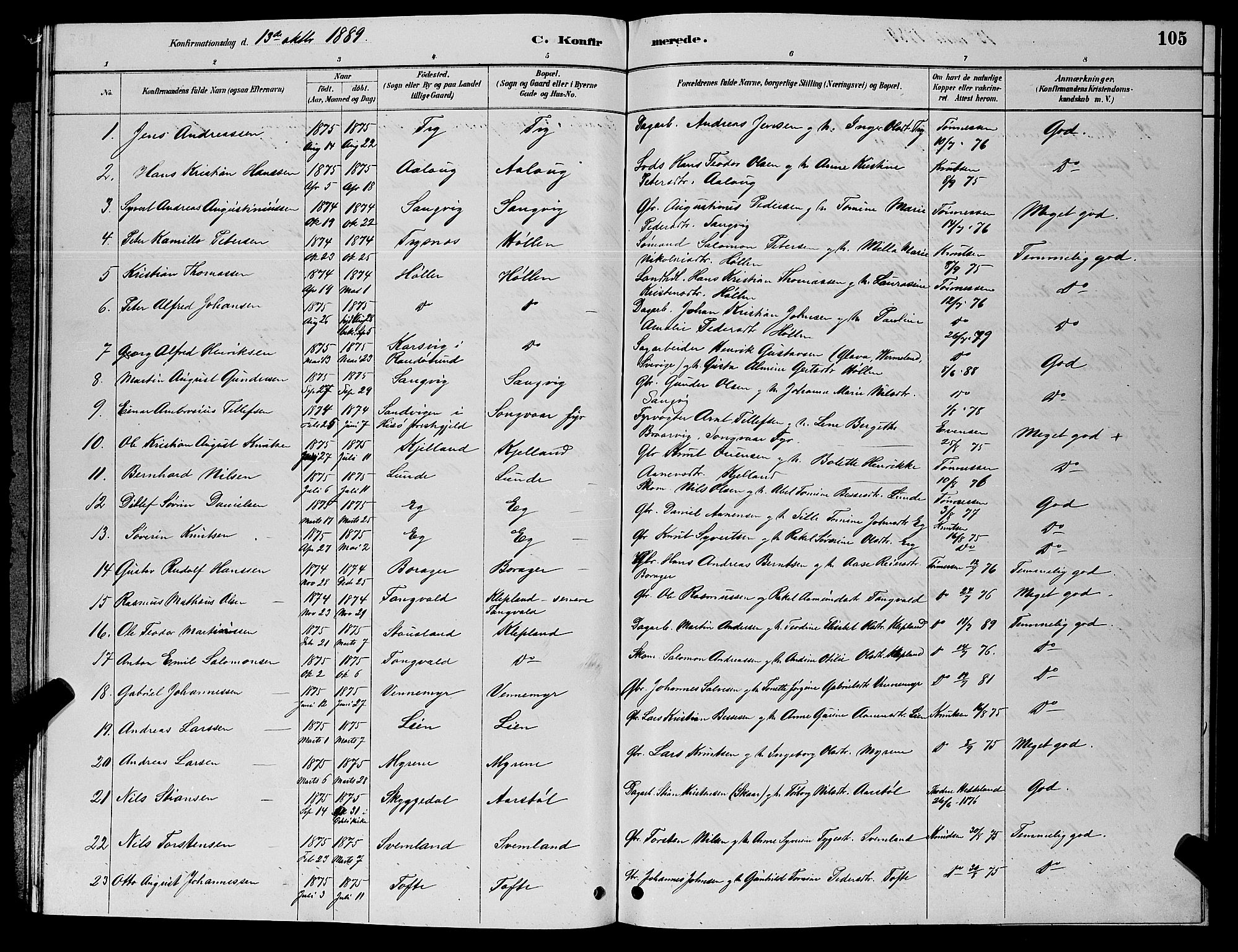Søgne sokneprestkontor, SAK/1111-0037/F/Fb/Fbb/L0005: Parish register (copy) no. B 5, 1884-1891, p. 105