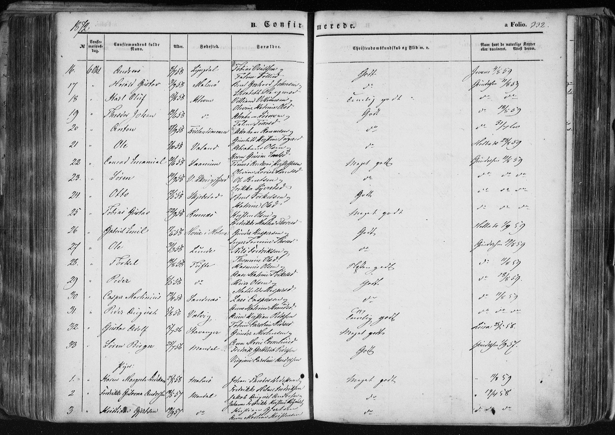 Mandal sokneprestkontor, AV/SAK-1111-0030/F/Fa/Faa/L0014: Parish register (official) no. A 14, 1859-1872, p. 332