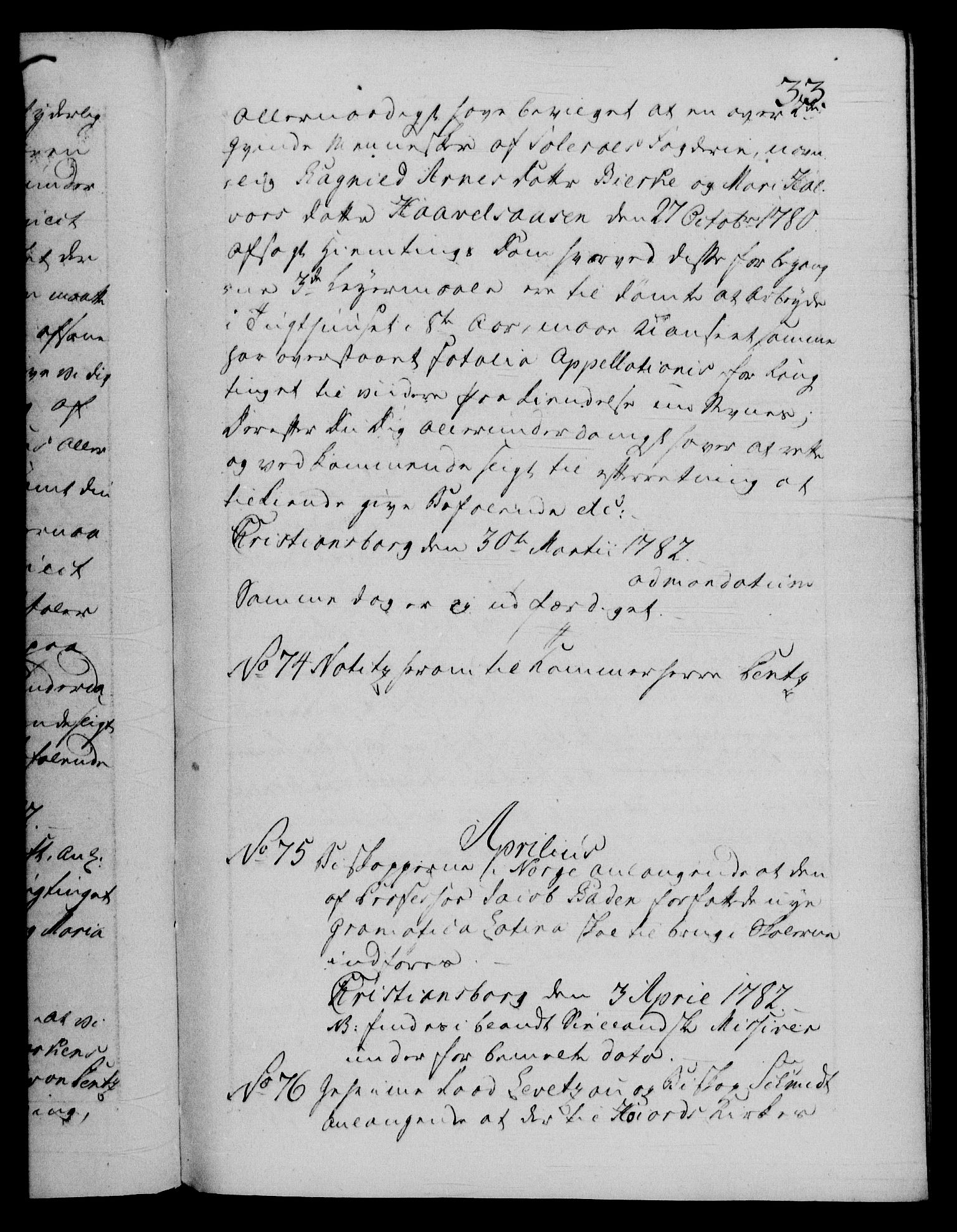 Danske Kanselli 1572-1799, RA/EA-3023/F/Fc/Fca/Fcab/L0043: Norske tegnelser, 1782-1786, p. 33a