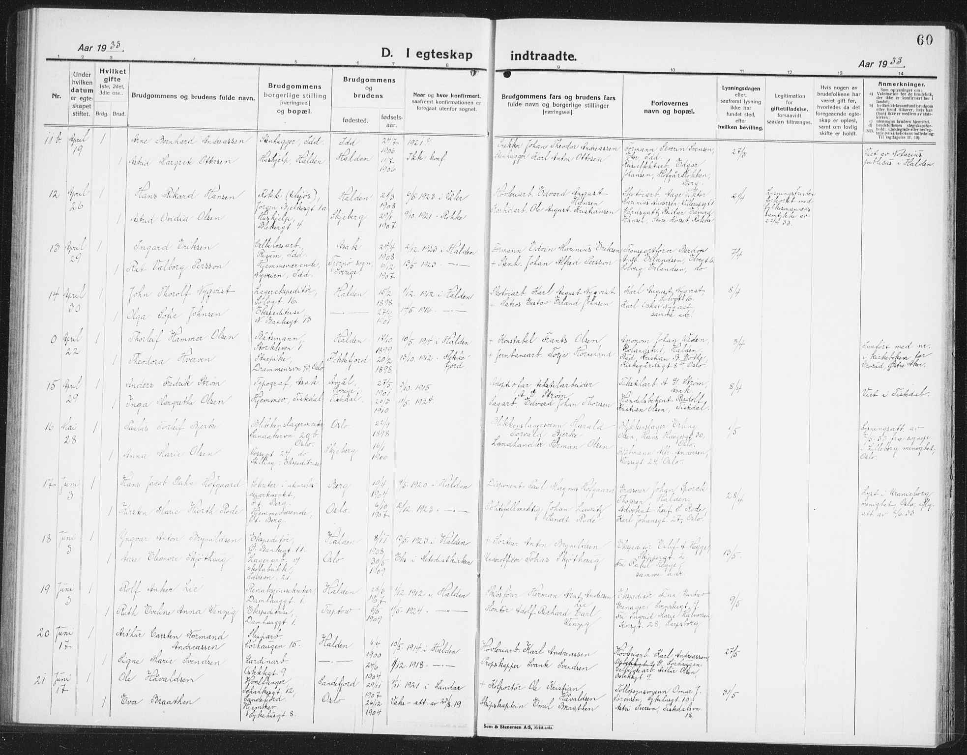 Halden prestekontor Kirkebøker, AV/SAO-A-10909/G/Ga/L0014: Parish register (copy) no. 14, 1925-1943, p. 60