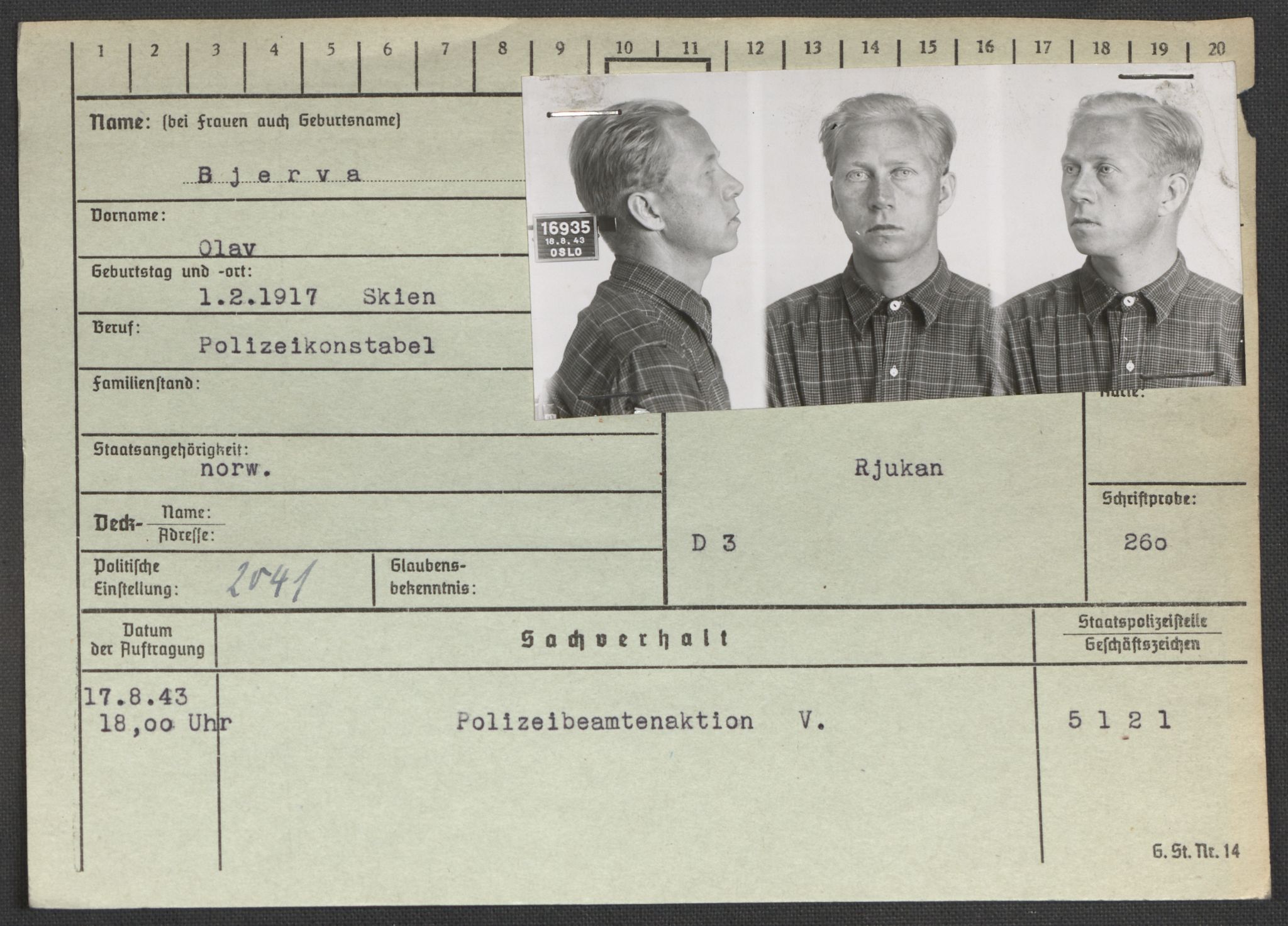 Befehlshaber der Sicherheitspolizei und des SD, AV/RA-RAFA-5969/E/Ea/Eaa/L0001: Register over norske fanger i Møllergata 19: A-Bj, 1940-1945, p. 1287