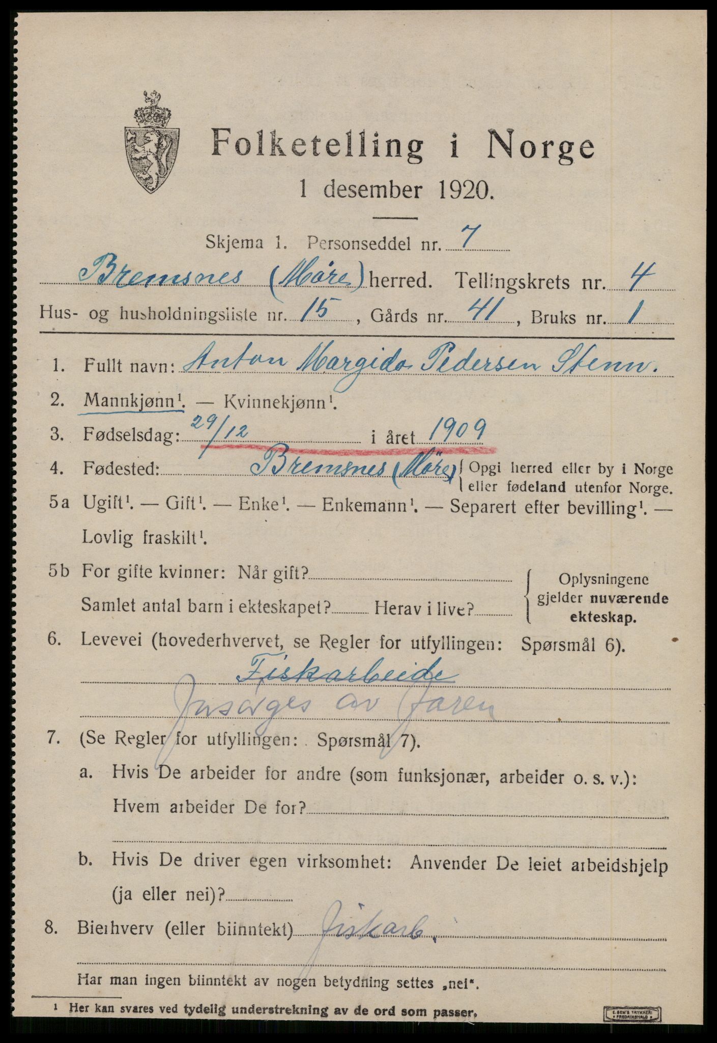 SAT, 1920 census for Bremsnes, 1920, p. 4363