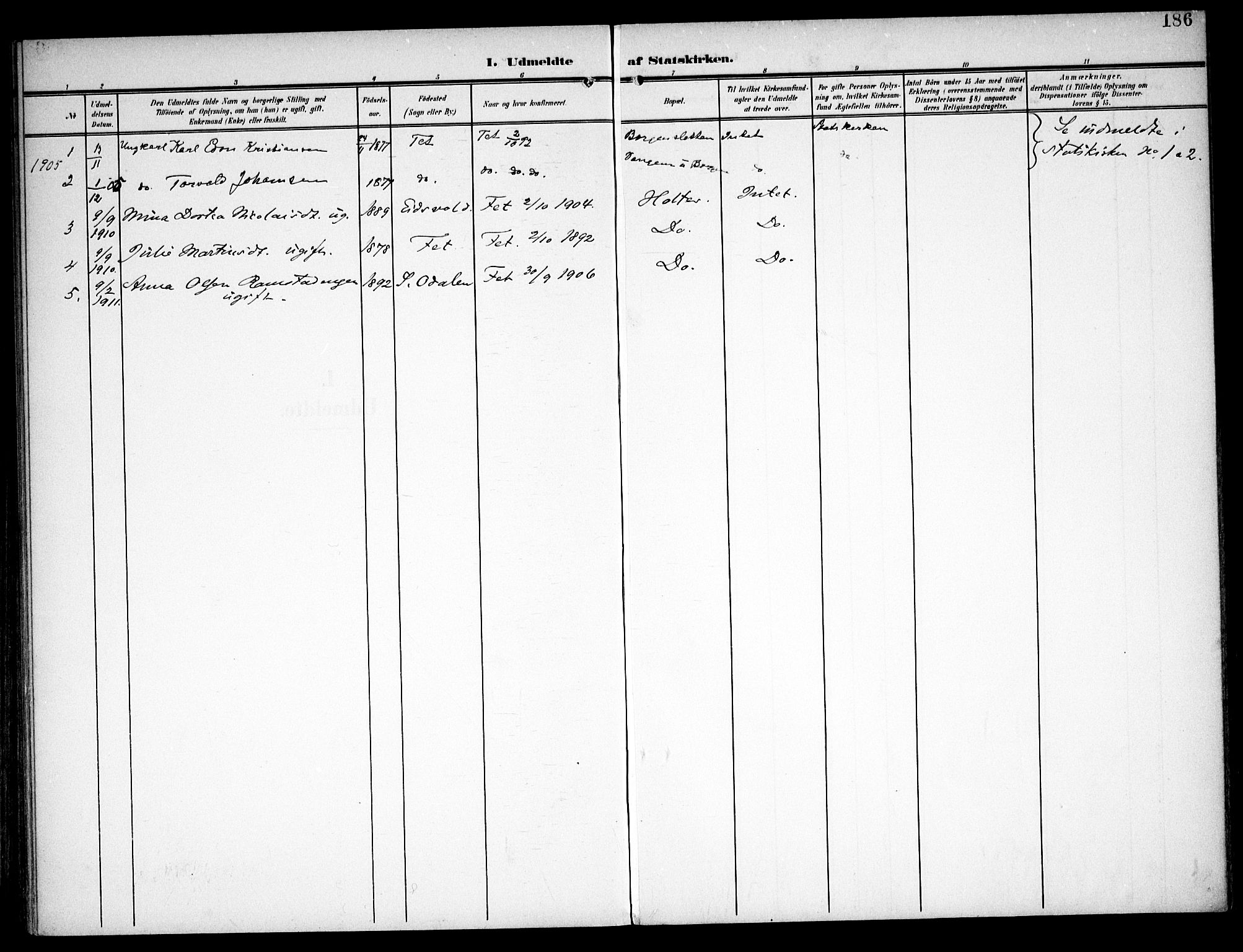 Fet prestekontor Kirkebøker, AV/SAO-A-10370a/F/Fa/L0016: Parish register (official) no. I 16, 1905-1914, p. 186