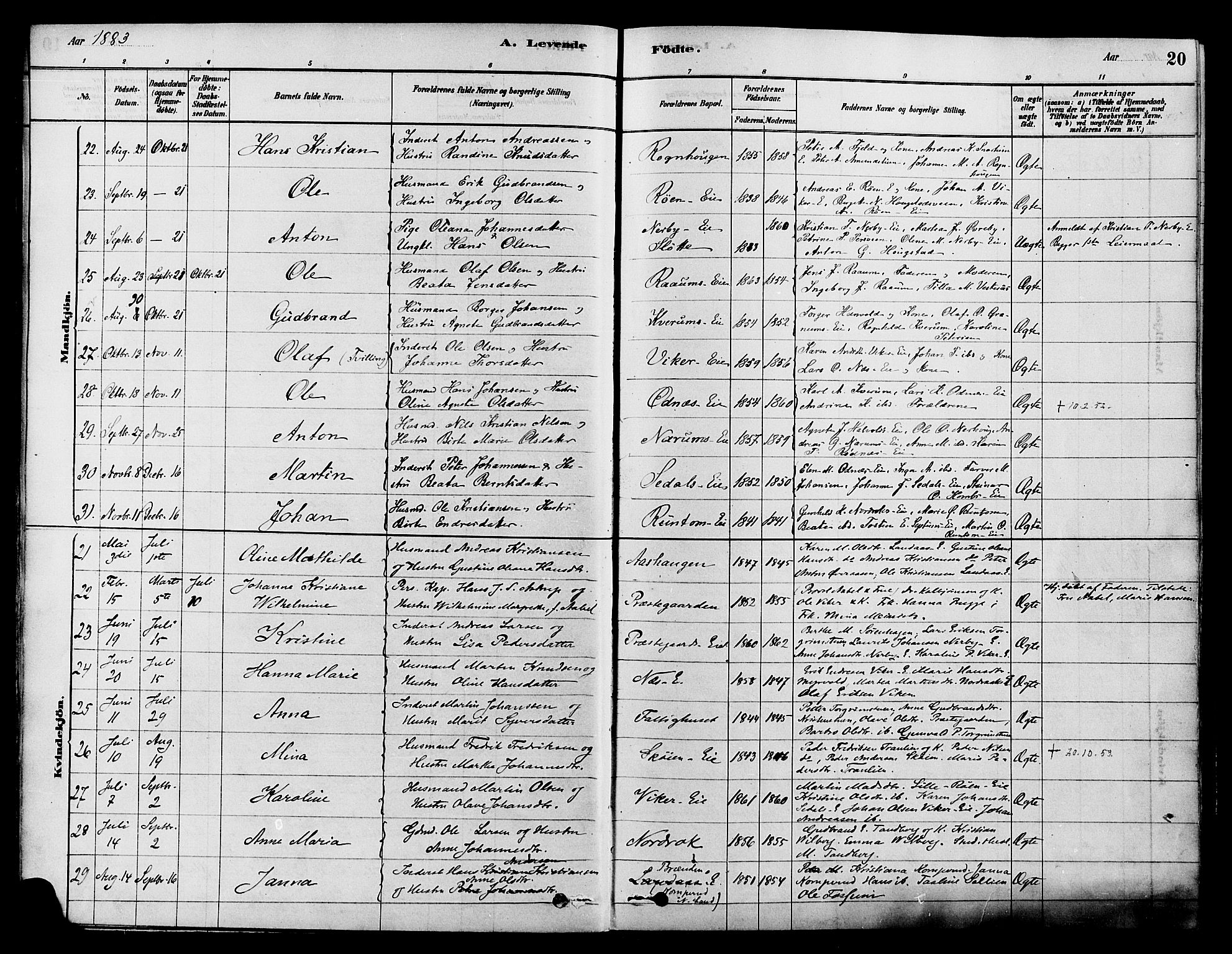 Søndre Land prestekontor, AV/SAH-PREST-122/K/L0002: Parish register (official) no. 2, 1878-1894, p. 20