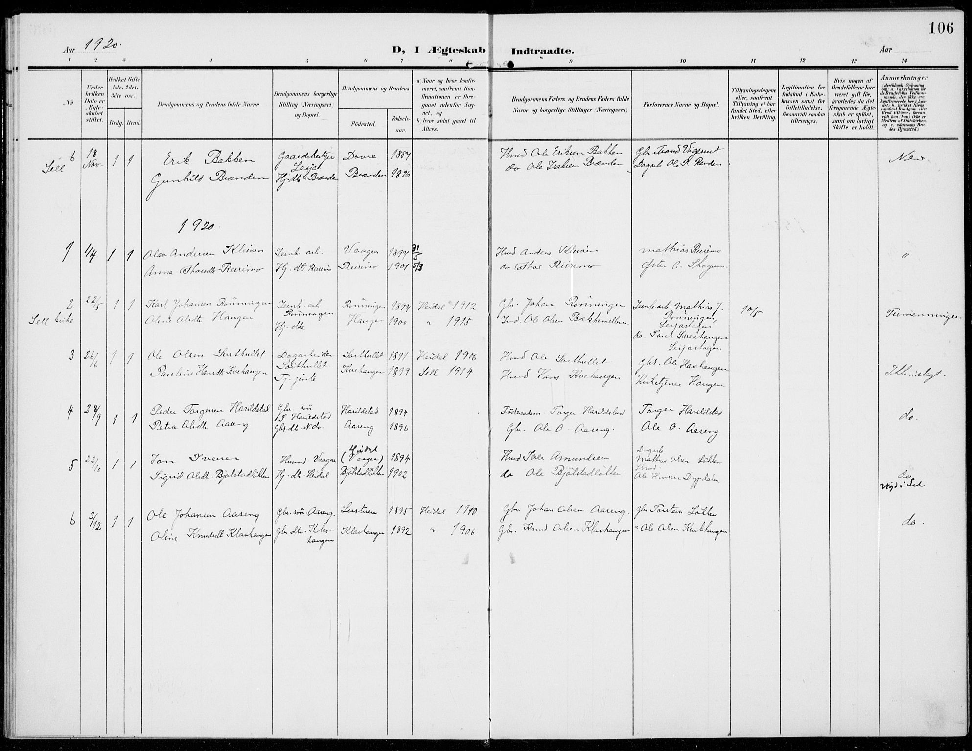 Sel prestekontor, SAH/PREST-074/H/Ha/Haa/L0001: Parish register (official) no. 1, 1905-1922, p. 106