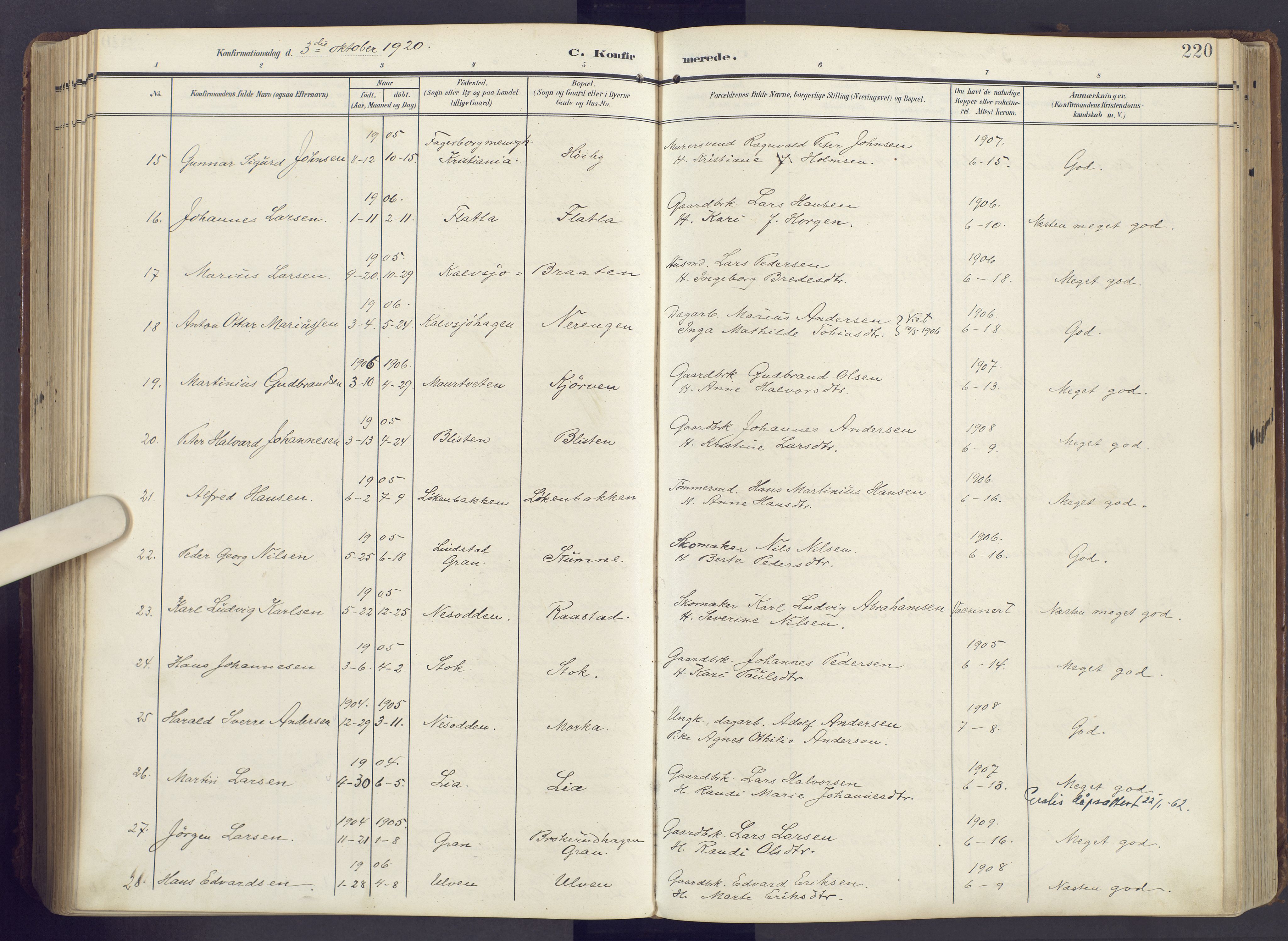 Lunner prestekontor, SAH/PREST-118/H/Ha/Haa/L0001: Parish register (official) no. 1, 1907-1922, p. 220
