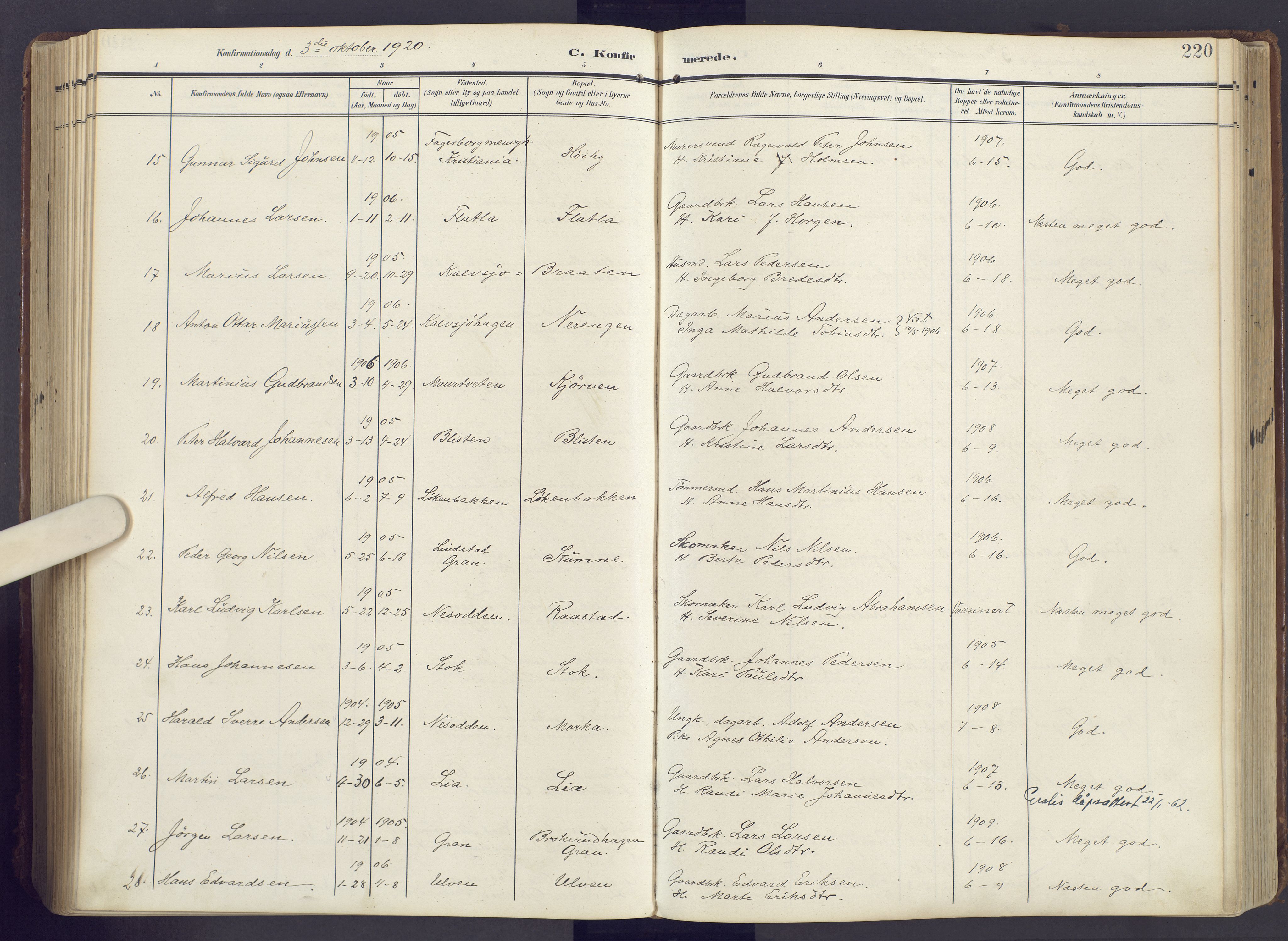 Lunner prestekontor, AV/SAH-PREST-118/H/Ha/Haa/L0001: Parish register (official) no. 1, 1907-1922, p. 220