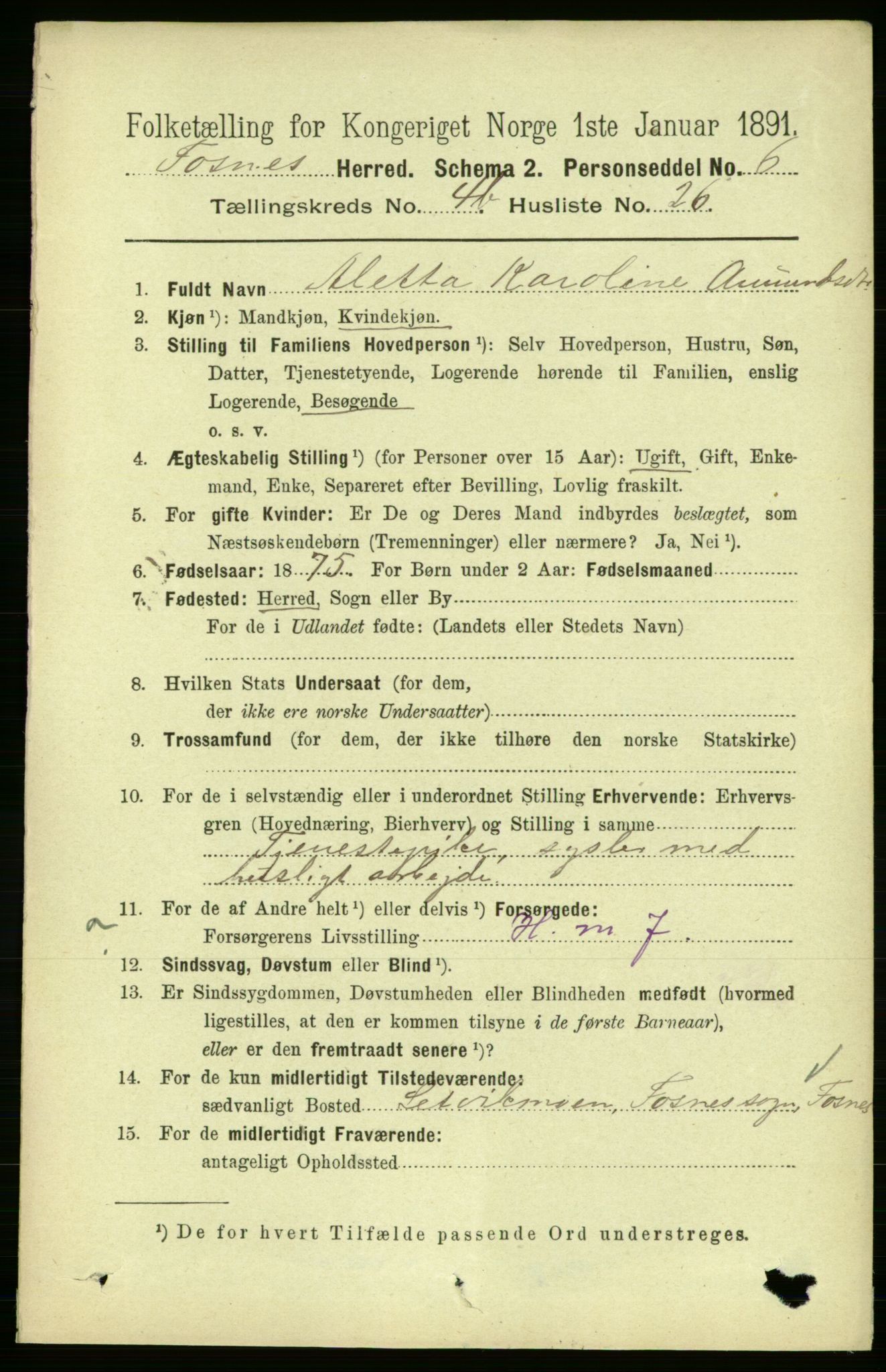 RA, 1891 census for 1748 Fosnes, 1891, p. 1890