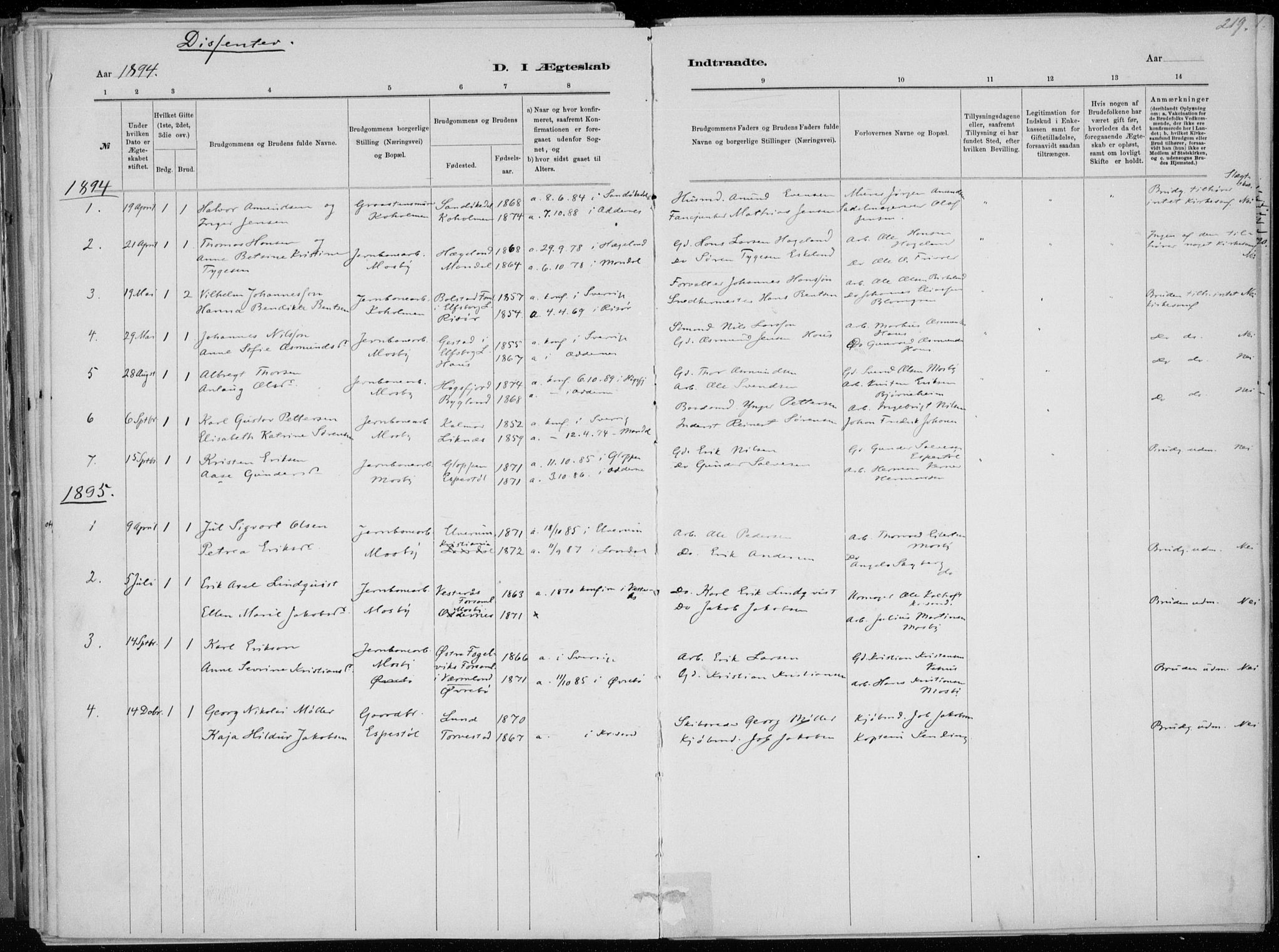 Oddernes sokneprestkontor, SAK/1111-0033/F/Fa/Faa/L0009: Parish register (official) no. A 9, 1884-1896, p. 219