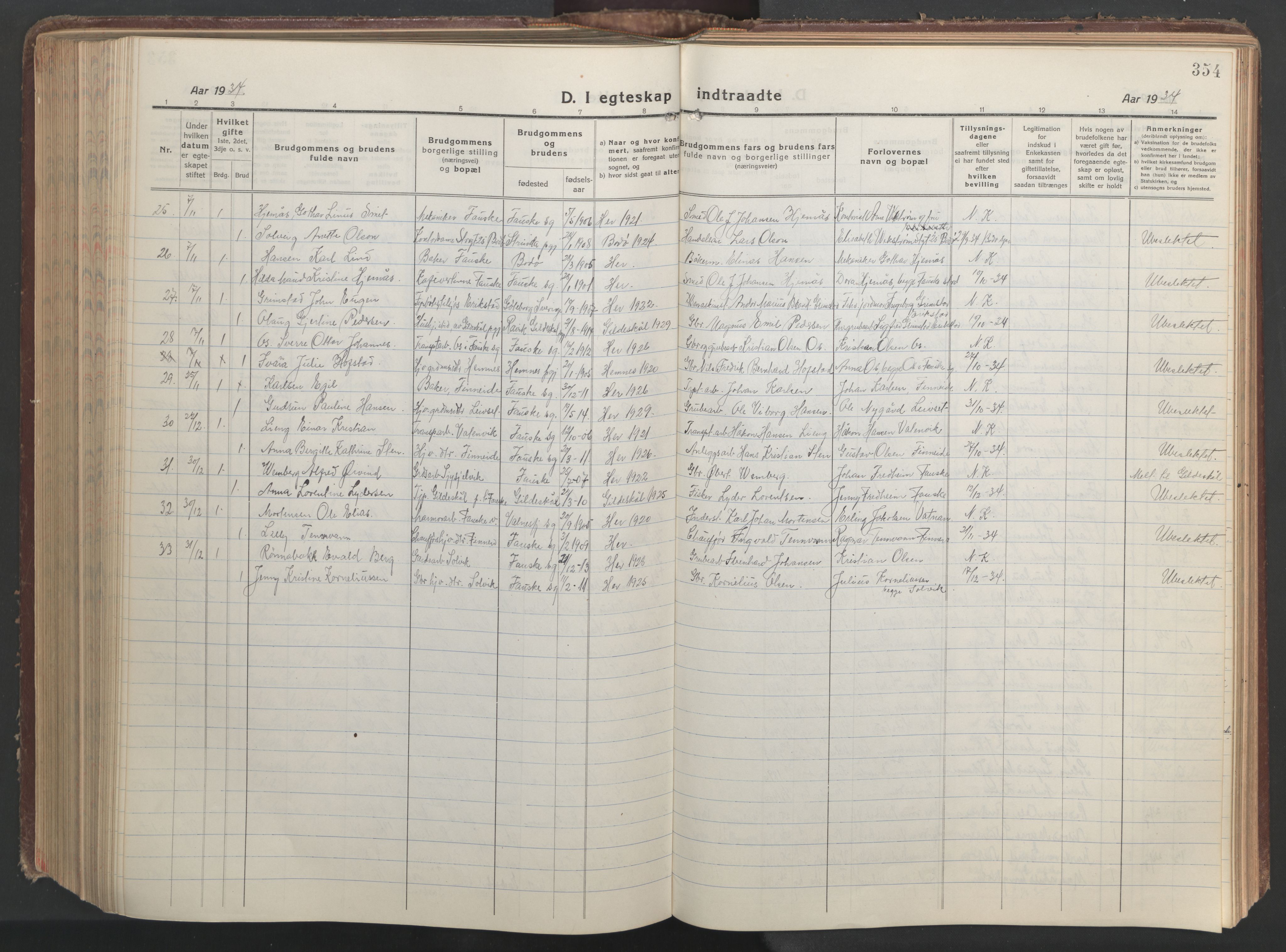 Ministerialprotokoller, klokkerbøker og fødselsregistre - Nordland, AV/SAT-A-1459/849/L0700: Parish register (copy) no. 849C01, 1919-1946, p. 354