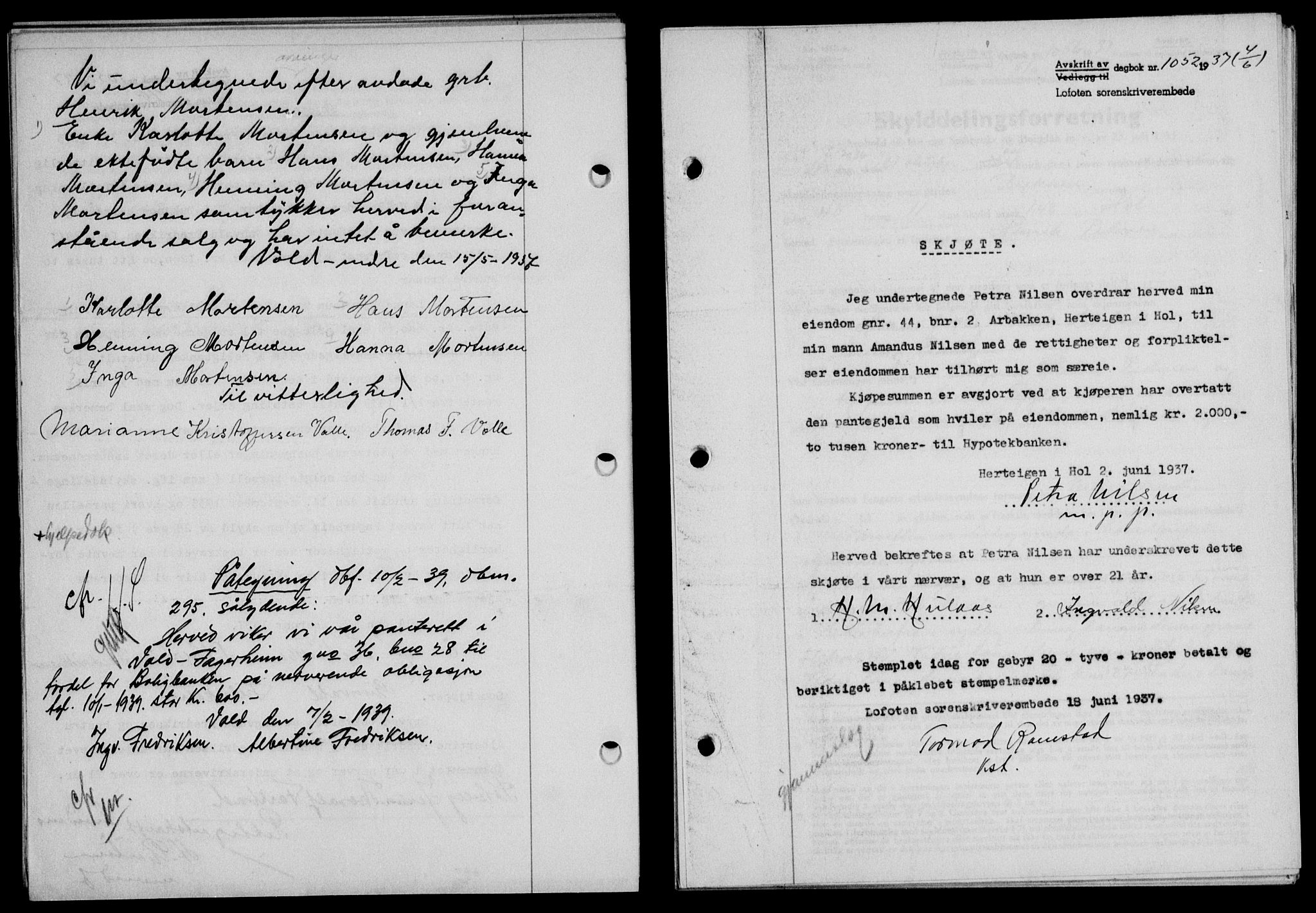 Lofoten sorenskriveri, SAT/A-0017/1/2/2C/L0002a: Mortgage book no. 2a, 1937-1937, Diary no: : 1052/1937