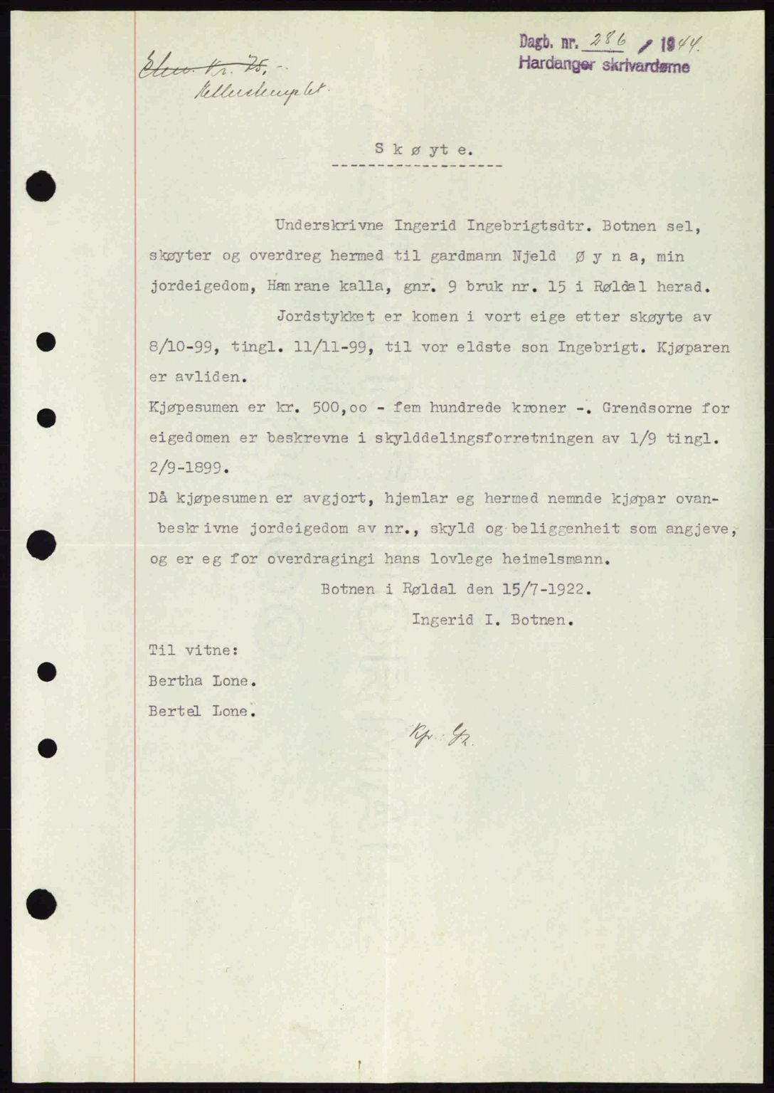 Hardanger sorenskriver, AV/SAB-A-2101/G/Ge/Gec/L0010: Mortgage book no. A10, 1943-1944, Diary no: : 286/1944