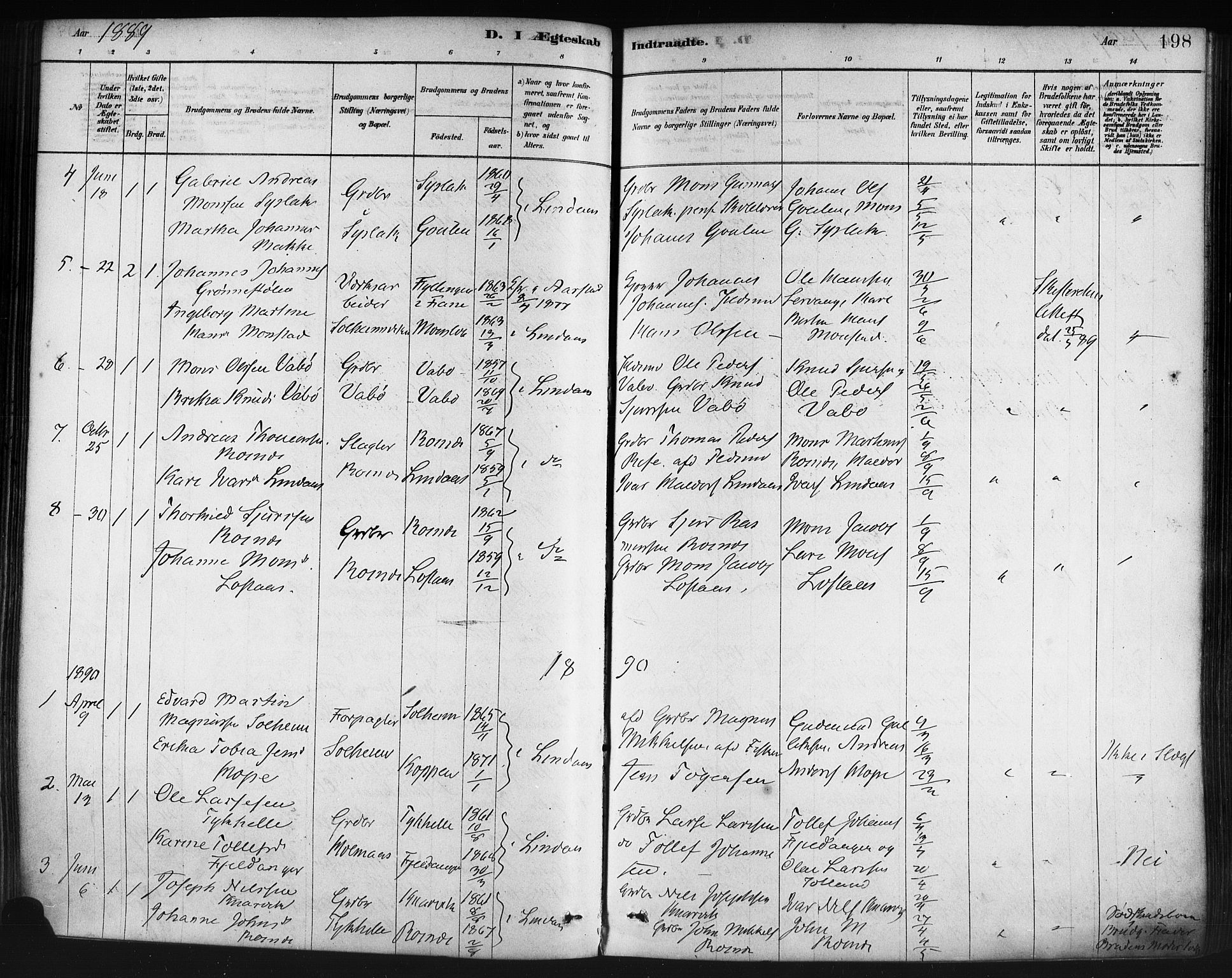 Lindås Sokneprestembete, SAB/A-76701/H/Haa: Parish register (official) no. A 19, 1878-1912, p. 198
