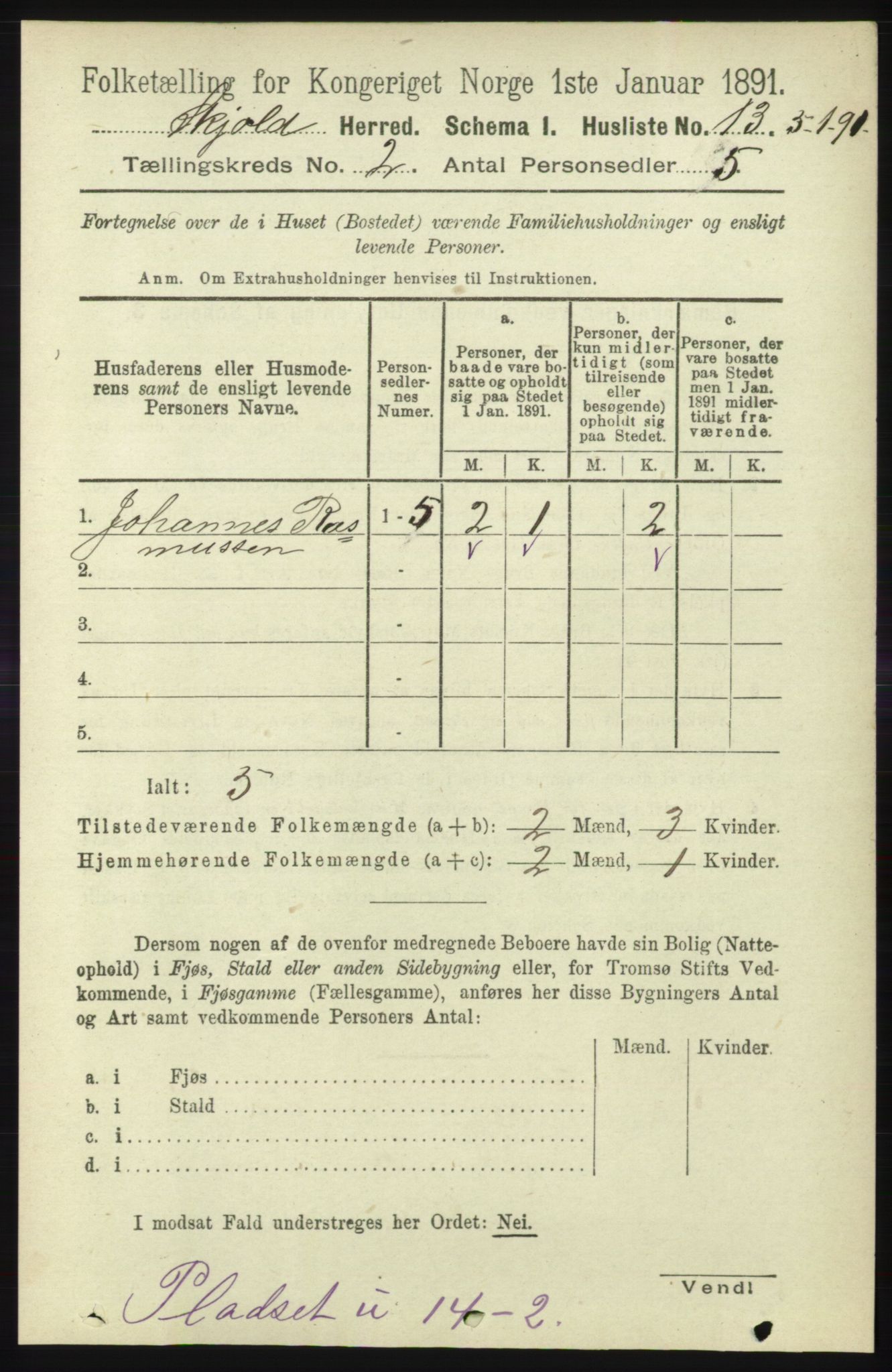 RA, 1891 census for 1154 Skjold, 1891, p. 277