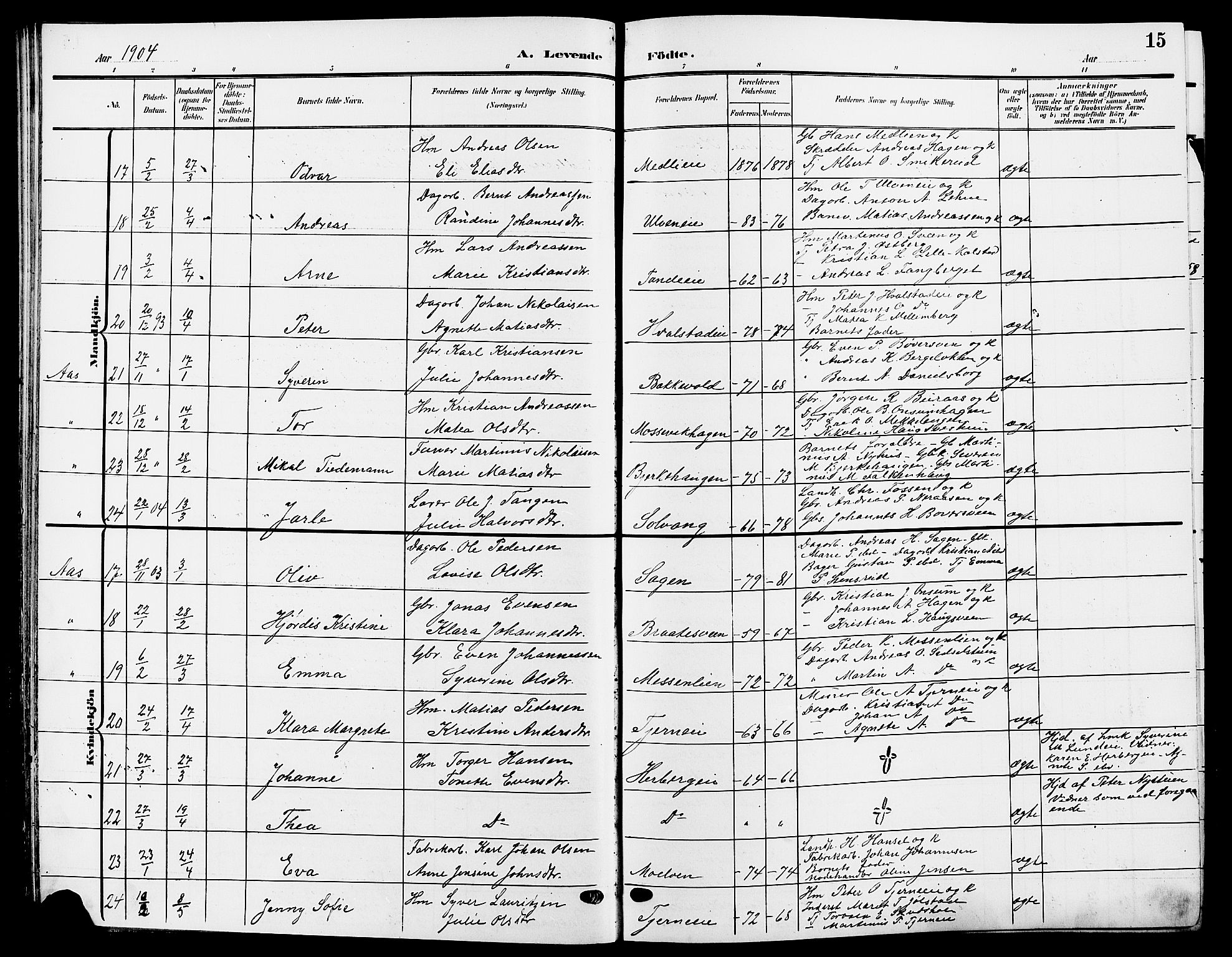 Ringsaker prestekontor, SAH/PREST-014/L/La/L0015: Parish register (copy) no. 15, 1903-1912, p. 15