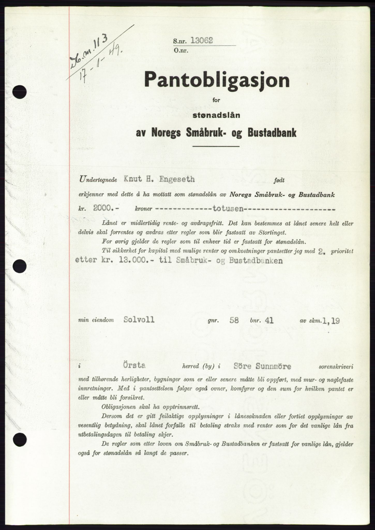 Søre Sunnmøre sorenskriveri, AV/SAT-A-4122/1/2/2C/L0116: Mortgage book no. 4B, 1948-1949, Diary no: : 113/1949