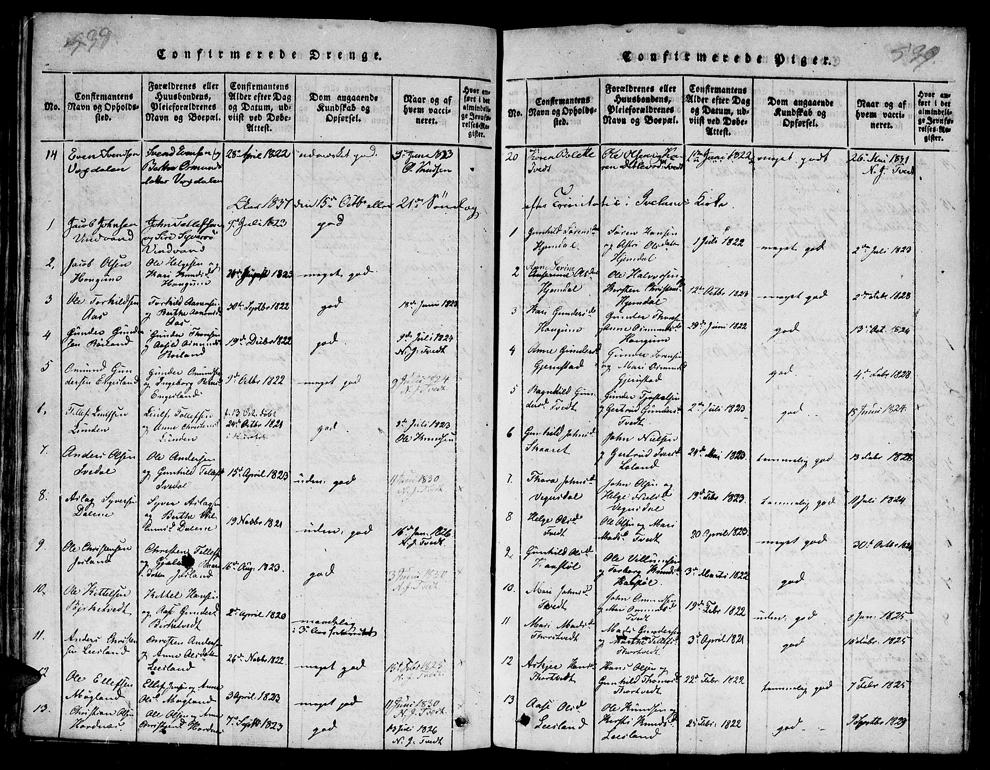 Evje sokneprestkontor, AV/SAK-1111-0008/F/Fb/Fba/L0001: Parish register (copy) no. B 1, 1816-1842, p. 538-539