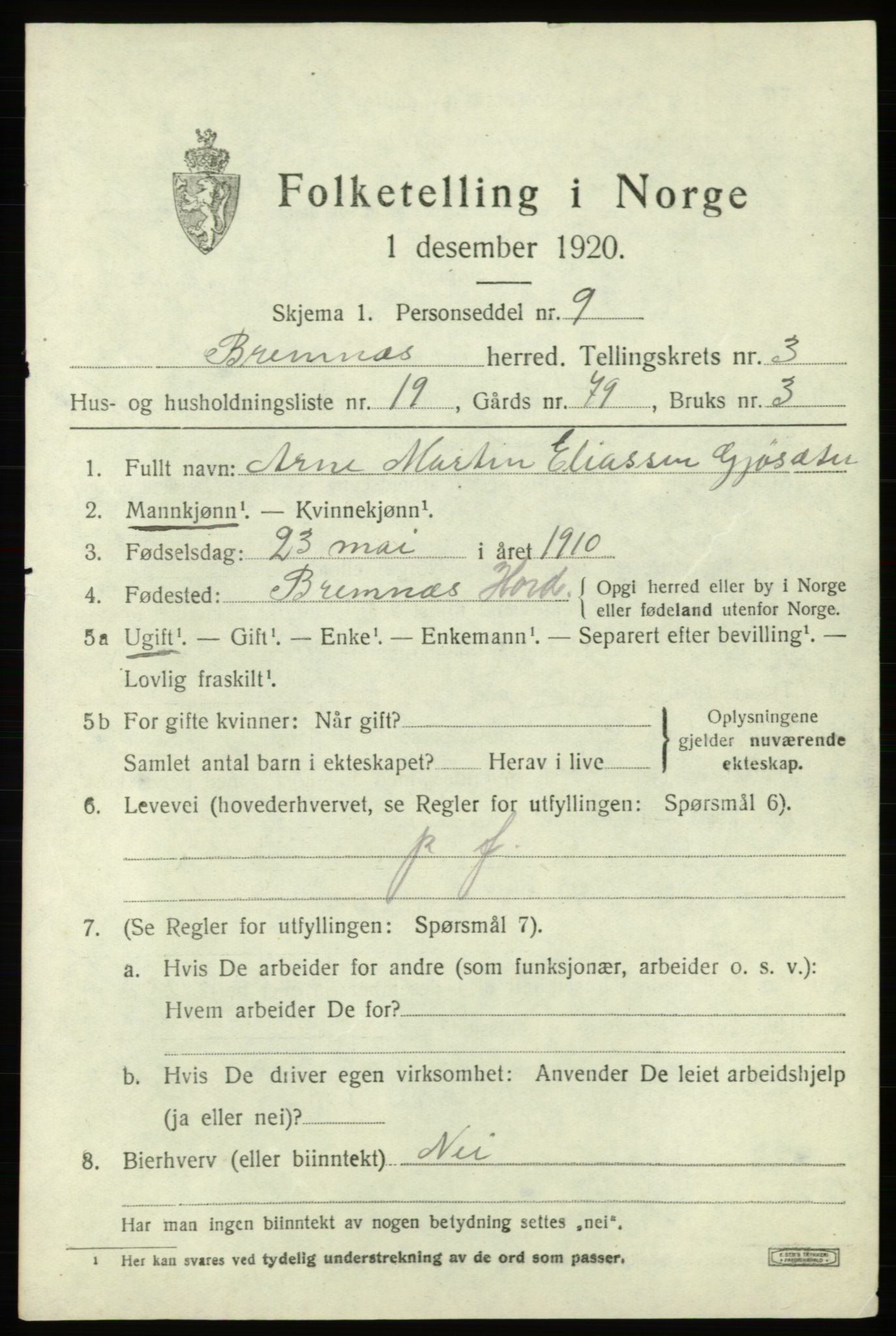 SAB, 1920 census for Bremnes, 1920, p. 1804