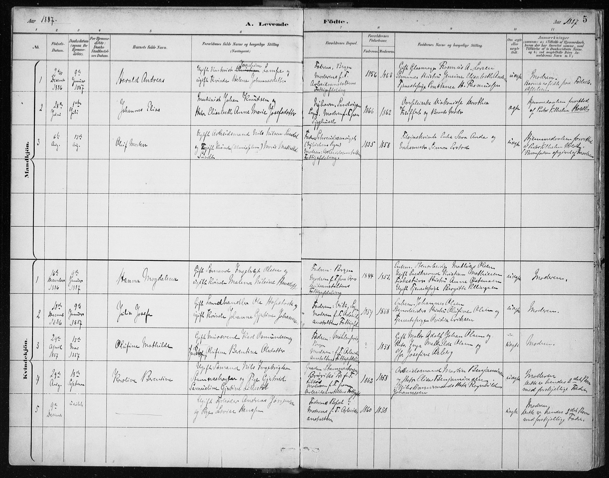 Bergen kommunale pleiehjem - stiftelsespresten, SAB/A-100281: Parish register (official) no. A 2, 1887-1939, p. 5