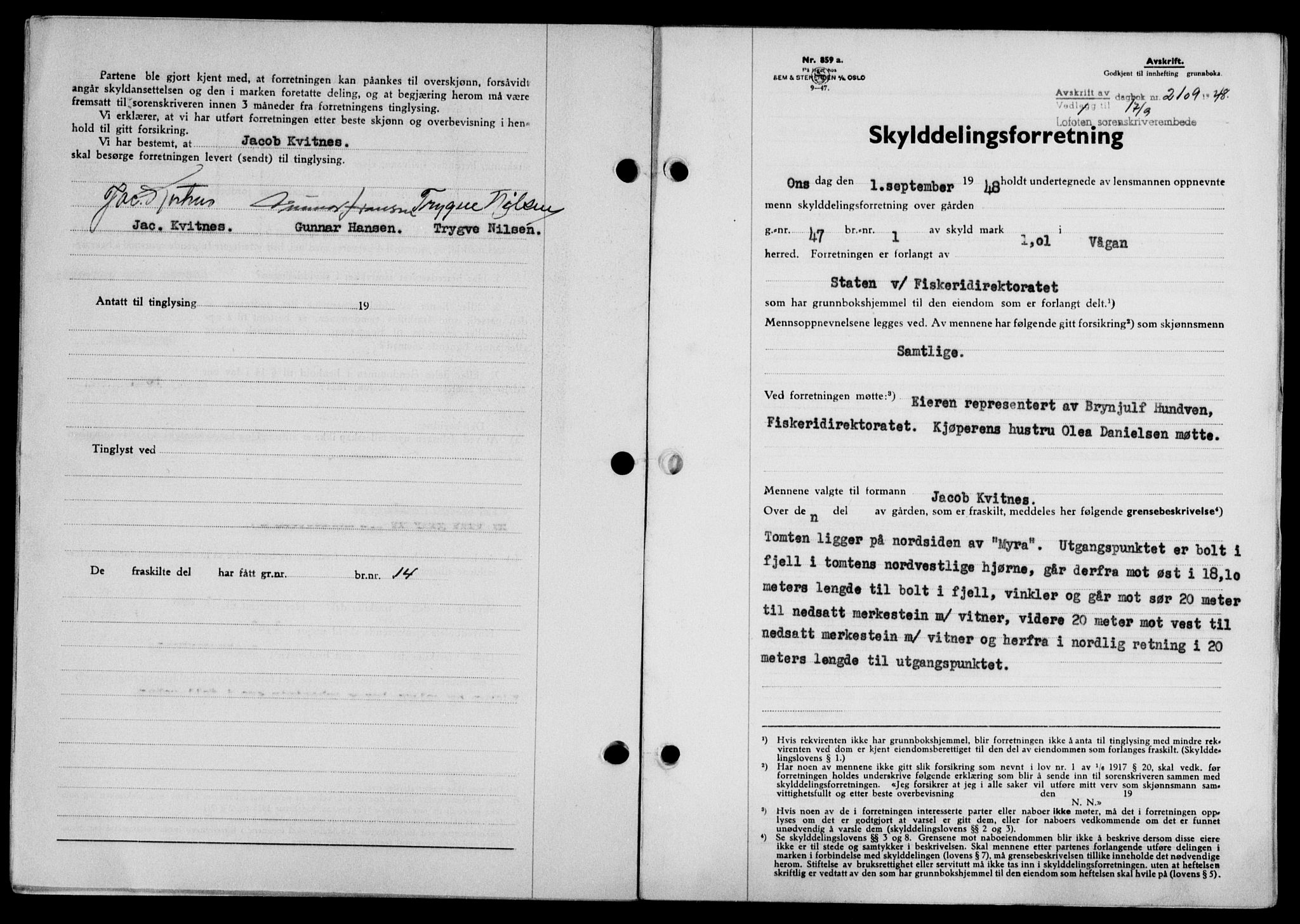 Lofoten sorenskriveri, SAT/A-0017/1/2/2C/L0019a: Mortgage book no. 19a, 1948-1948, Diary no: : 2109/1948