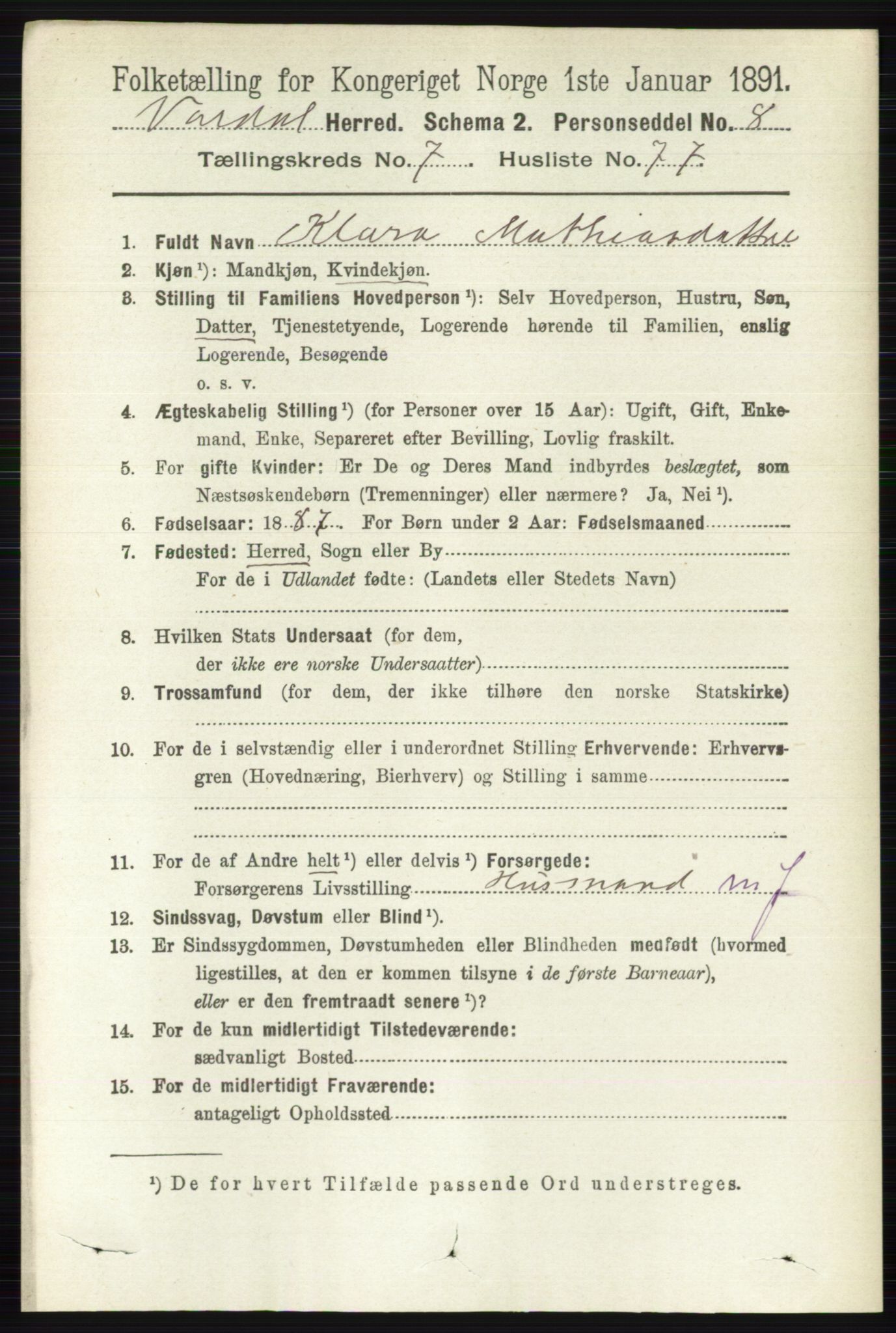 RA, 1891 census for 0527 Vardal, 1891, p. 3526