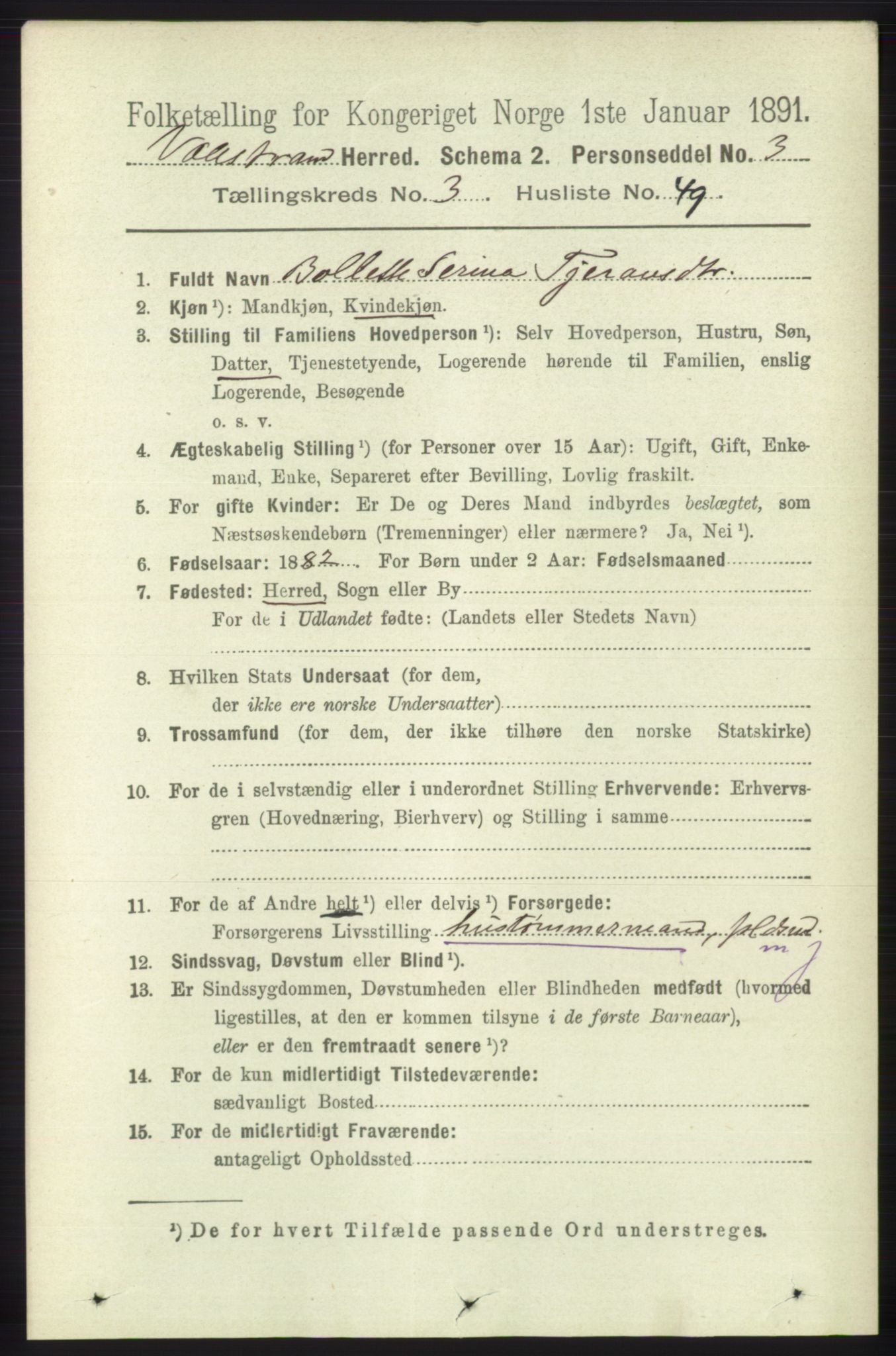 RA, 1891 census for 1217 Valestrand, 1891, p. 808