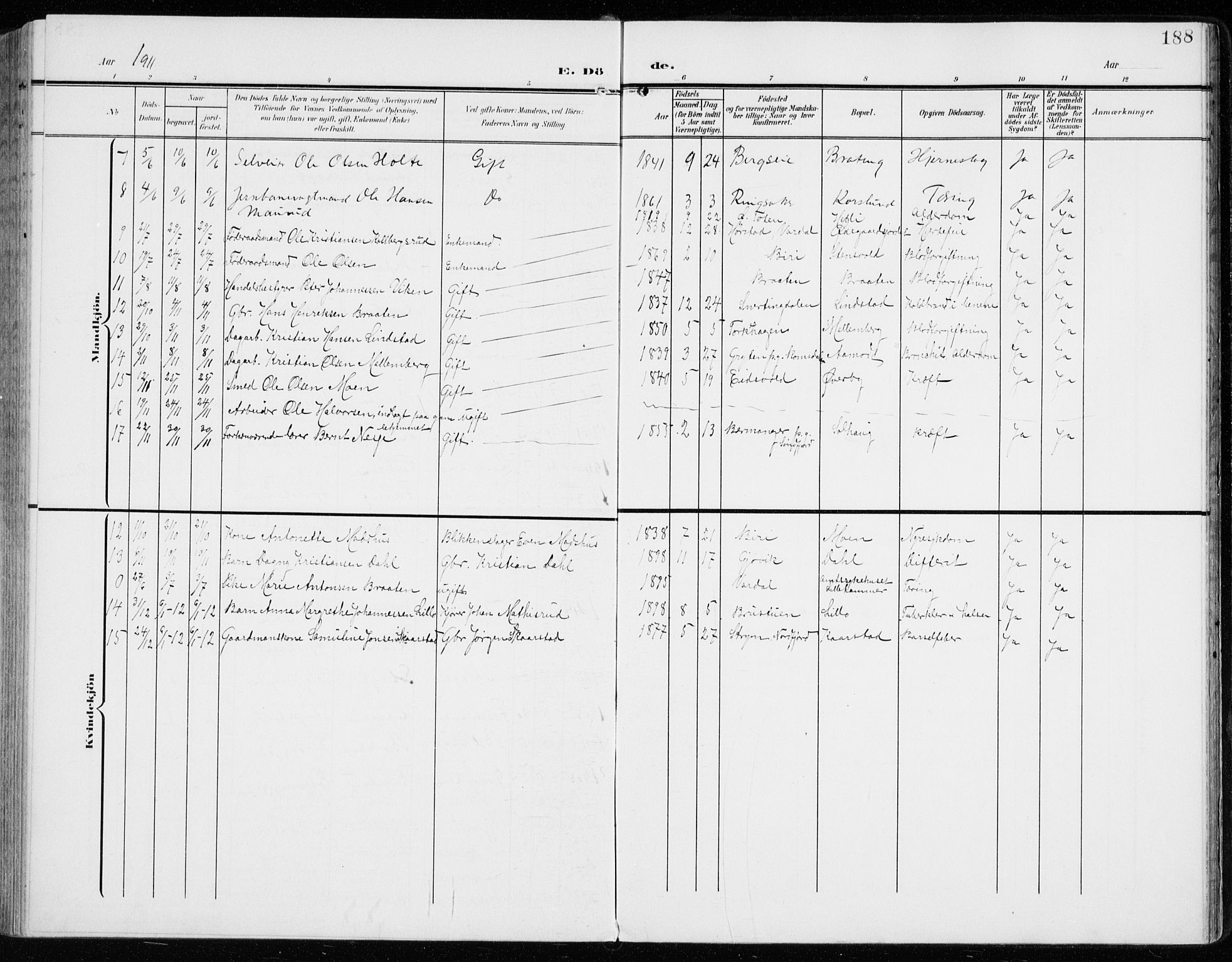 Vardal prestekontor, AV/SAH-PREST-100/H/Ha/Haa/L0016: Parish register (official) no. 16, 1904-1916, p. 188