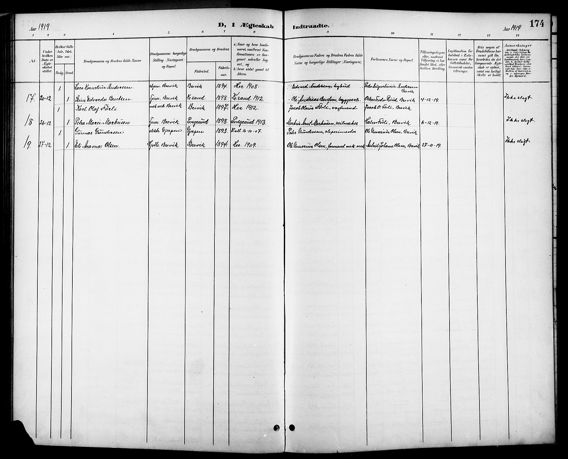 Brevik kirkebøker, SAKO/A-255/G/Ga/L0005: Parish register (copy) no. 5, 1901-1924, p. 174
