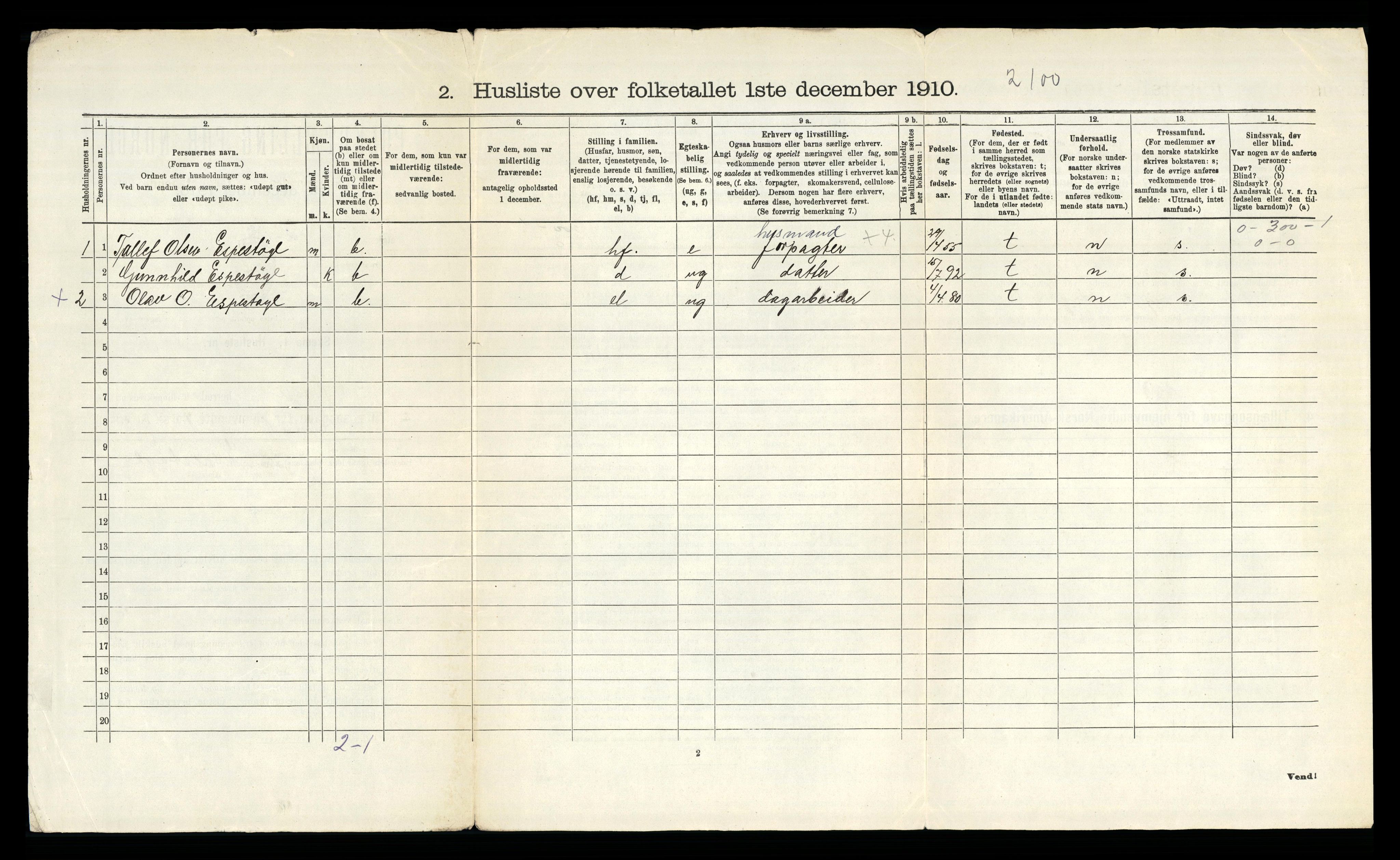 RA, 1910 census for Vinje, 1910, p. 45