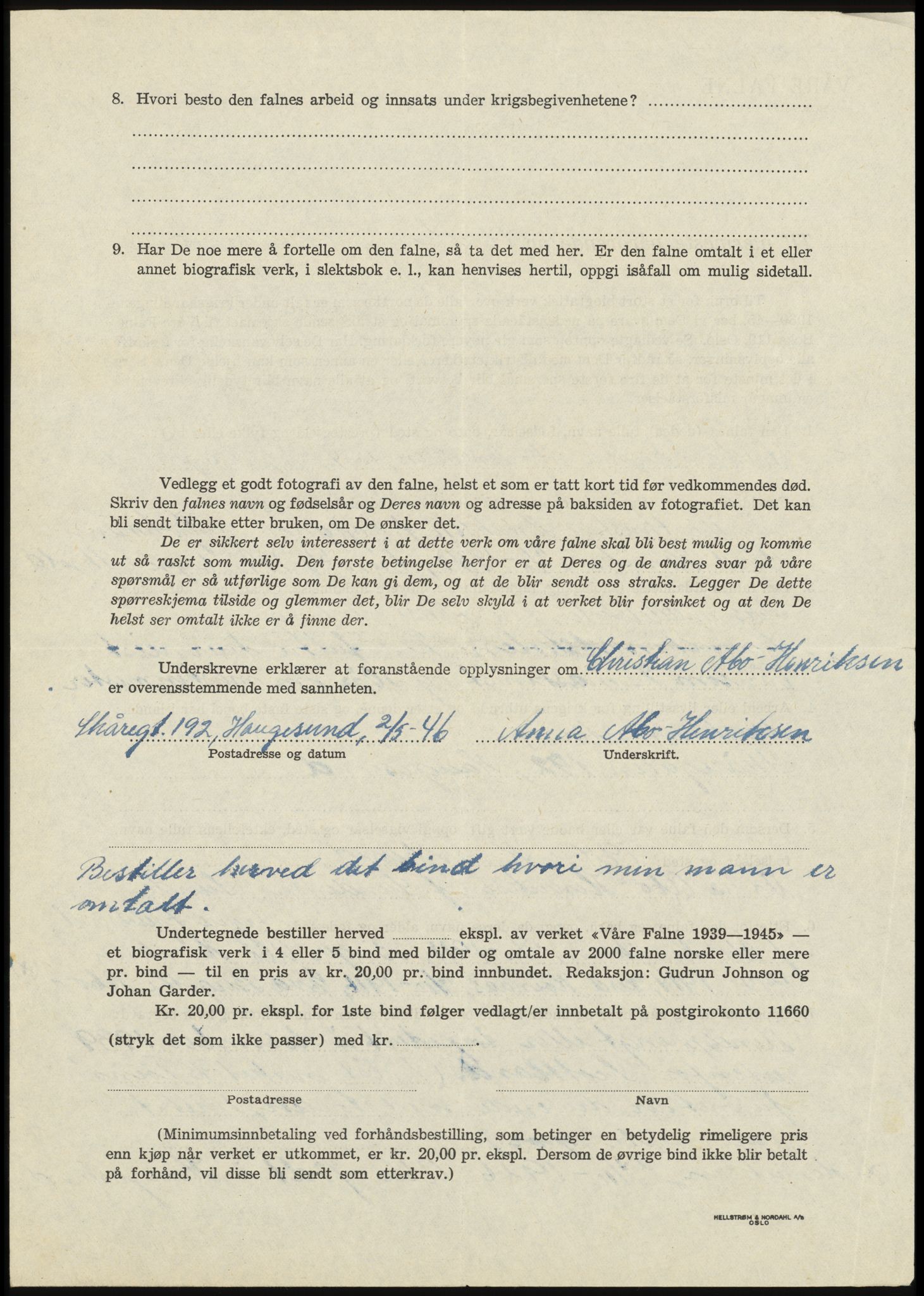 Sosialdepartementet, Våre Falne, RA/S-1708/E/Ee/L0025: Personmapper: Abelsen 01 - Amundsen, H. 65, 1945-1951, p. 36