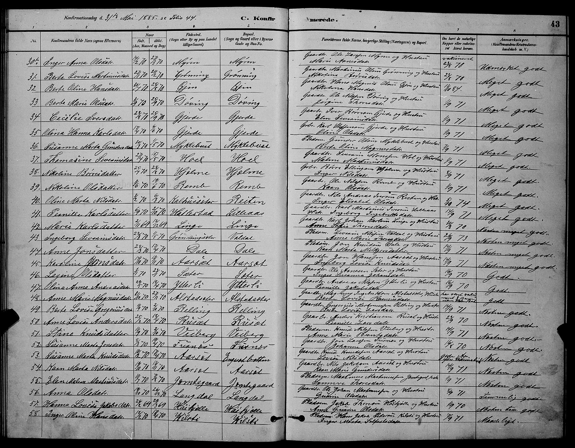 Ministerialprotokoller, klokkerbøker og fødselsregistre - Møre og Romsdal, AV/SAT-A-1454/519/L0263: Parish register (copy) no. 519C04, 1885-1892, p. 43