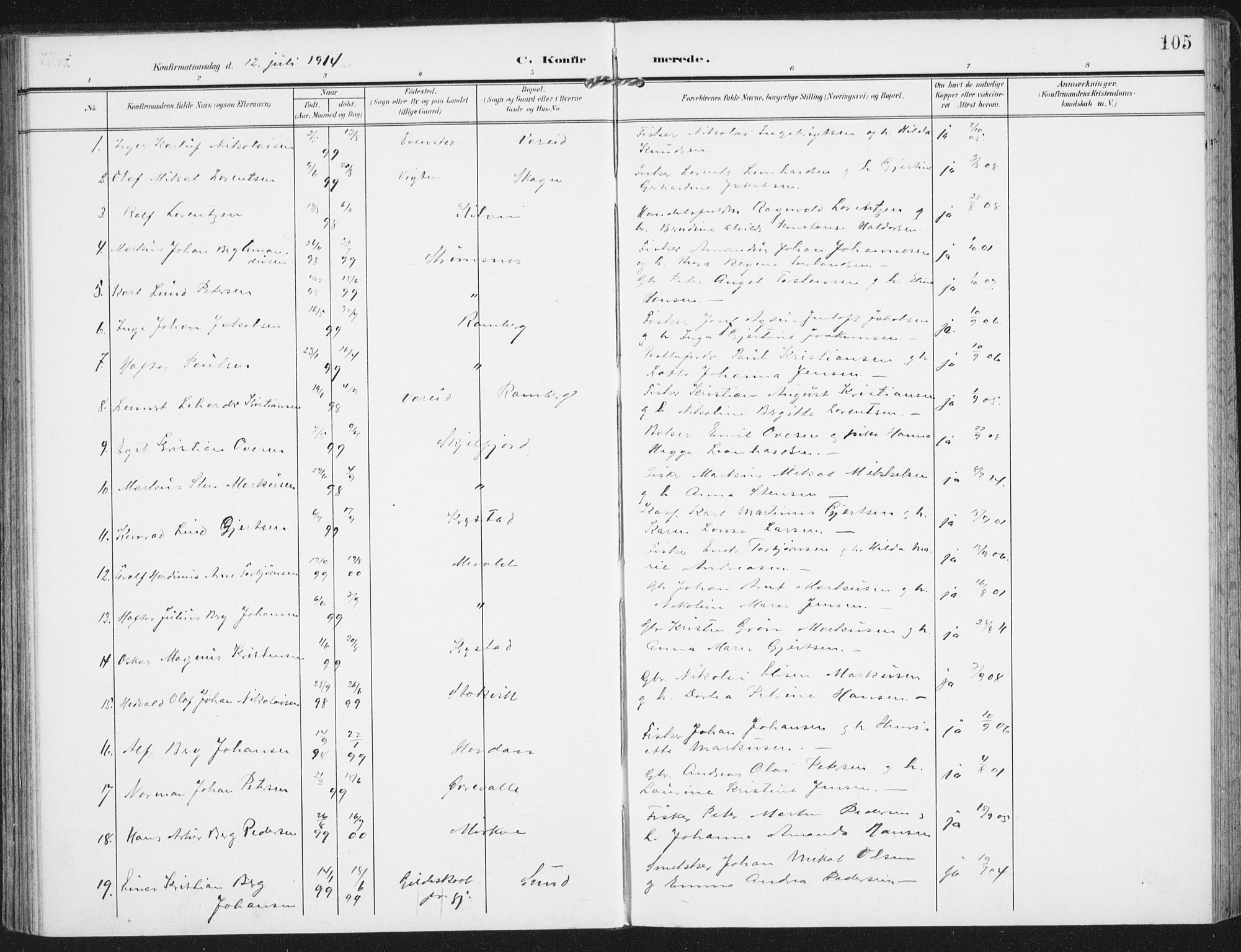 Ministerialprotokoller, klokkerbøker og fødselsregistre - Nordland, AV/SAT-A-1459/885/L1206: Parish register (official) no. 885A07, 1905-1915, p. 105