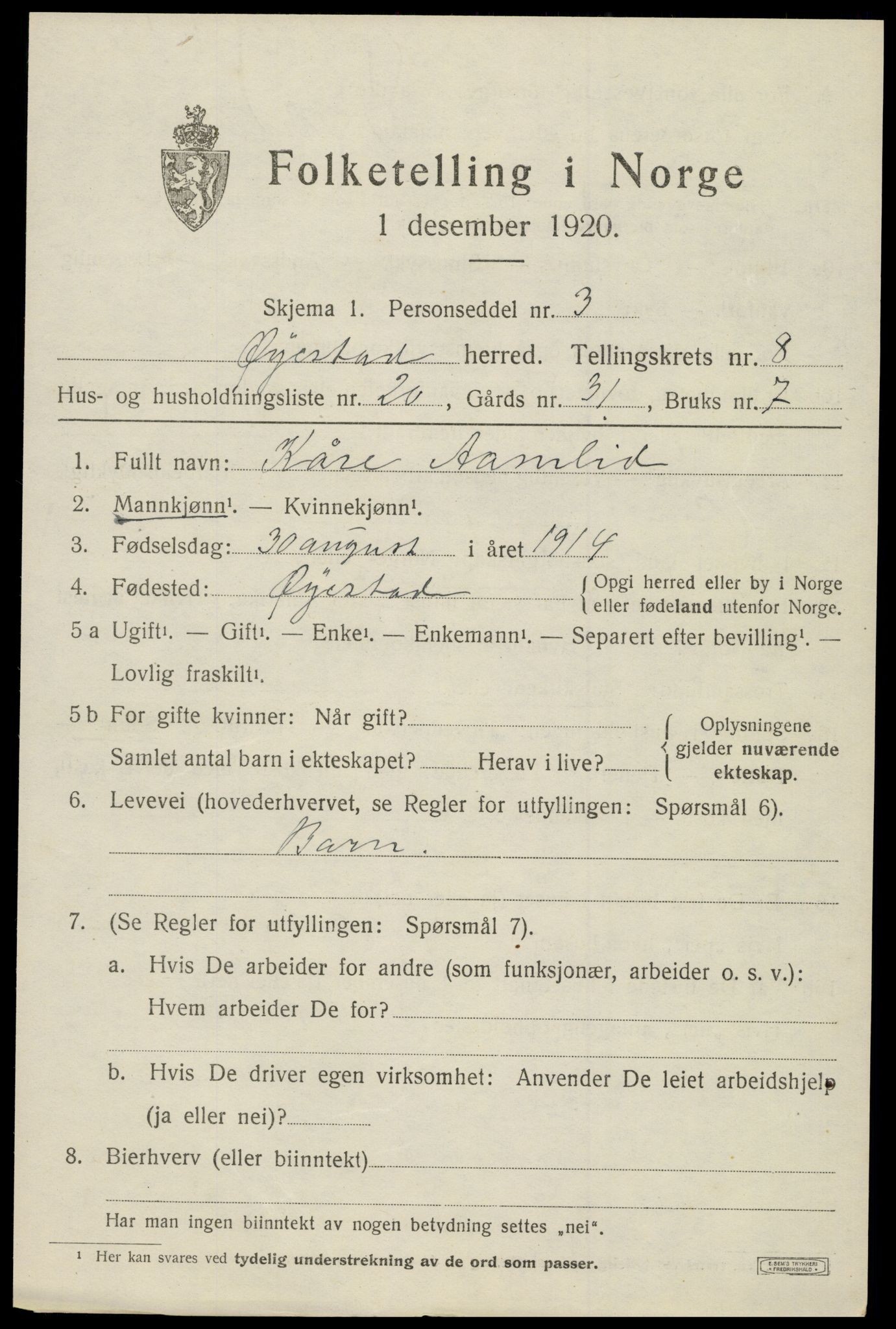 SAK, 1920 census for Øyestad, 1920, p. 5402