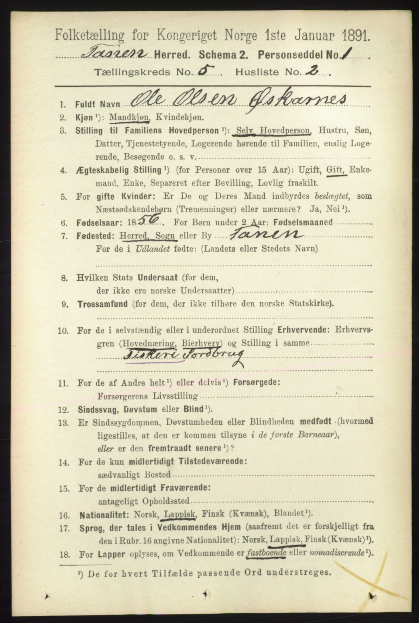 RA, 1891 census for 2025 Tana, 1891, p. 2002